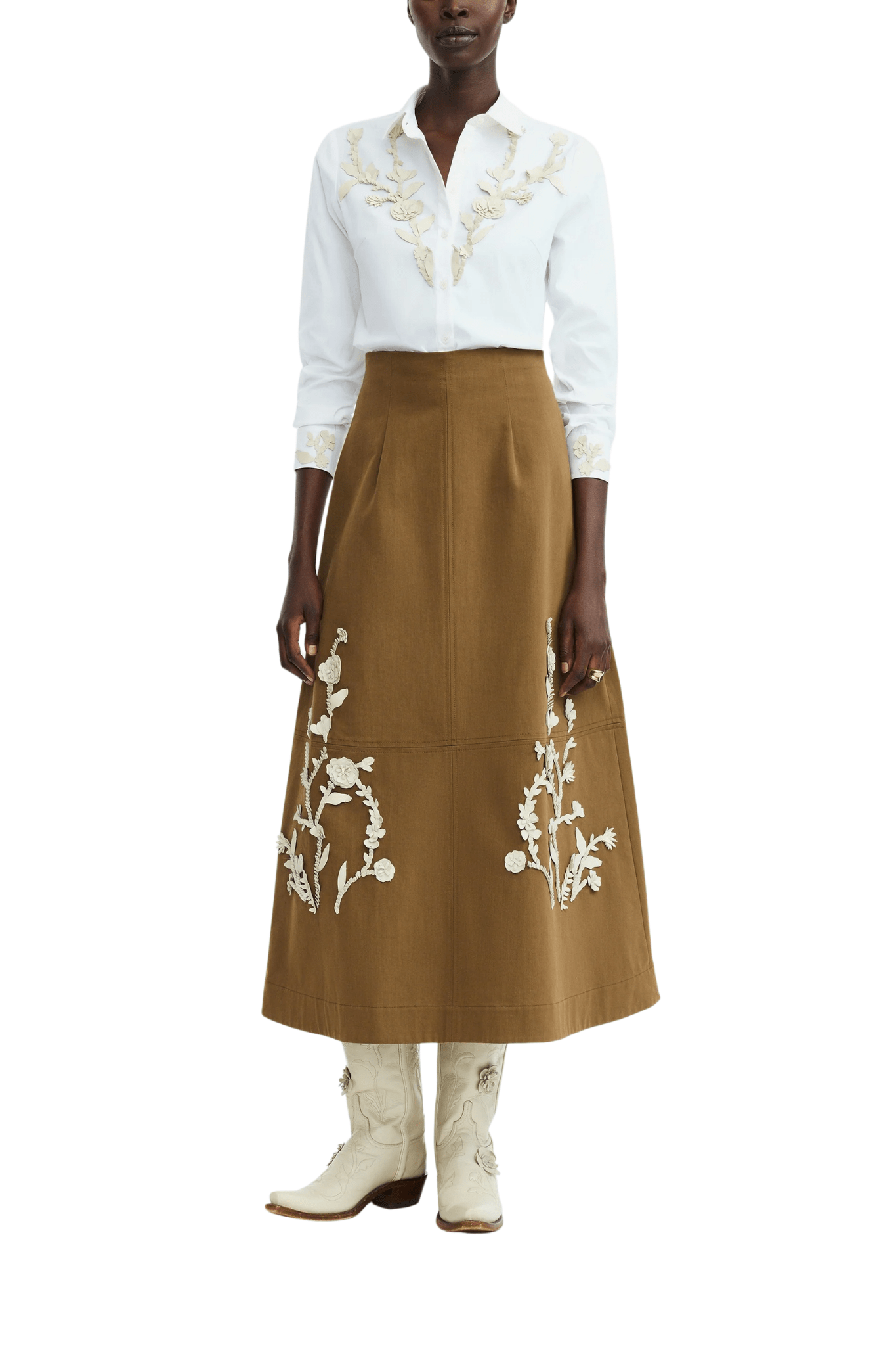 Lela Rose Leather Floral Embroidered Rustic Stretch Skirt - Vermillion
