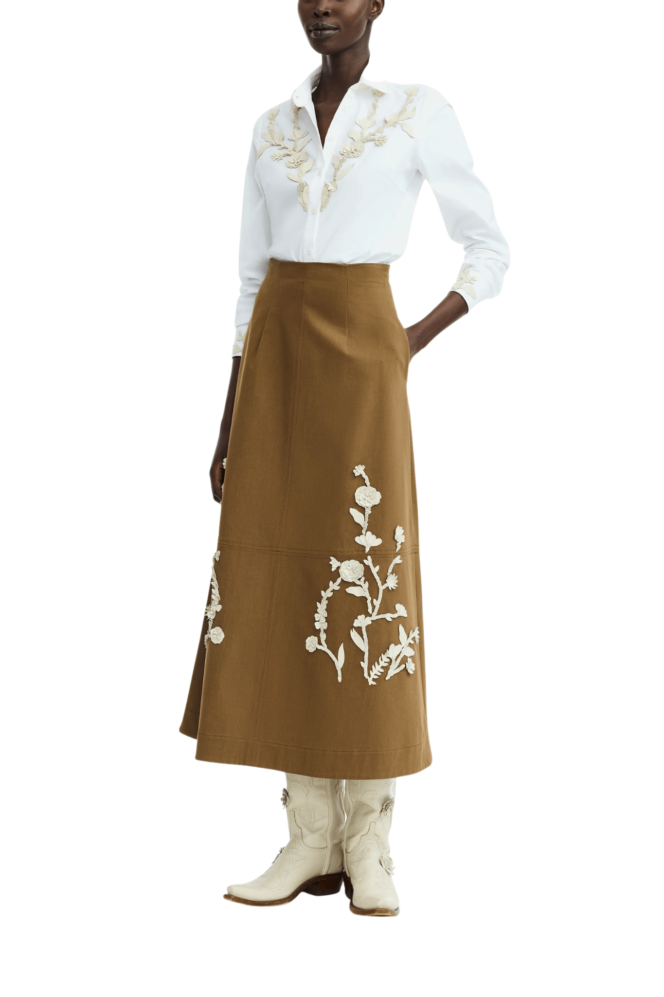 Lela Rose Leather Floral Embroidered Rustic Stretch Skirt - Vermillion
