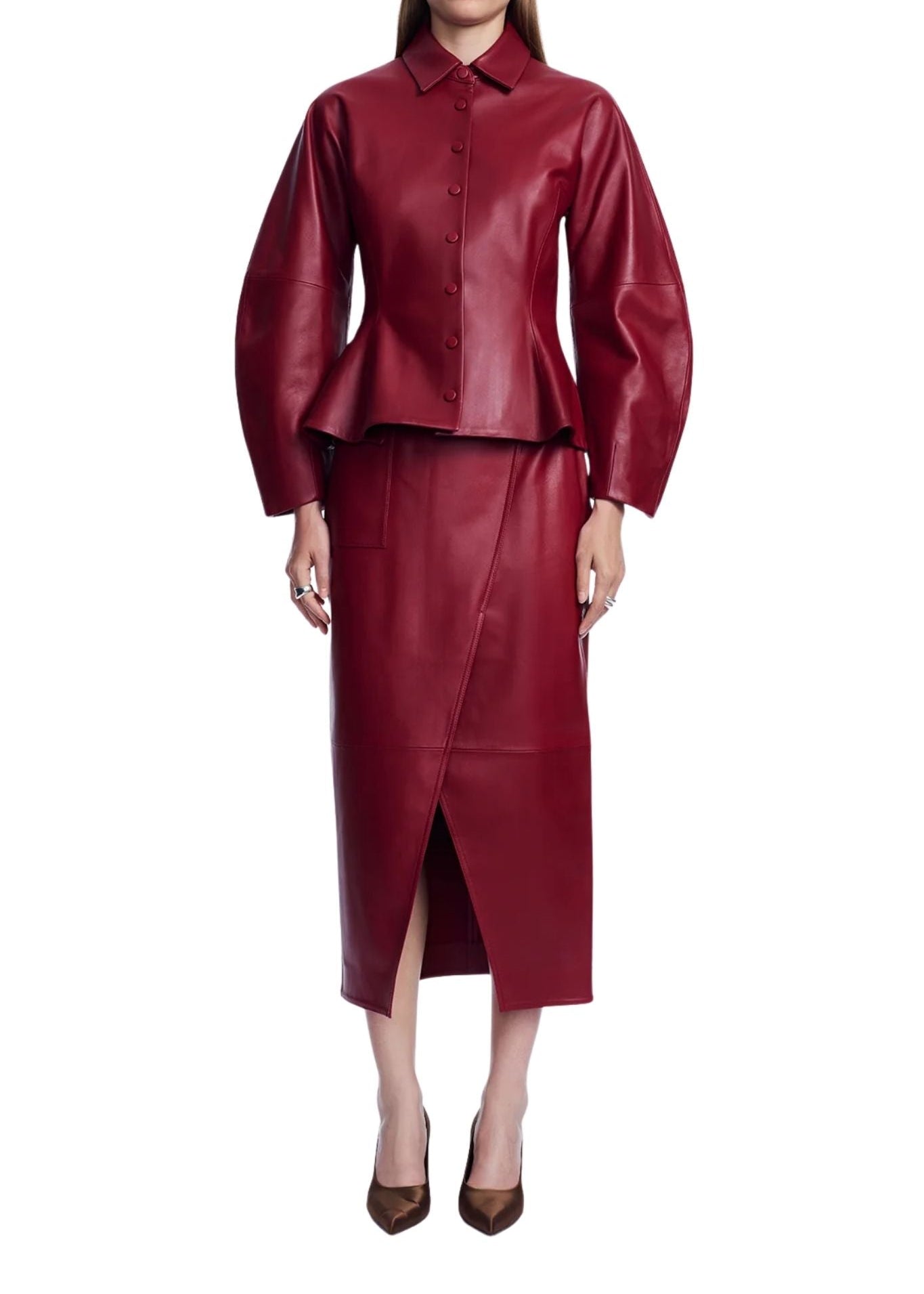 Lela Rose Leather Peplum Jacket - Vermillion