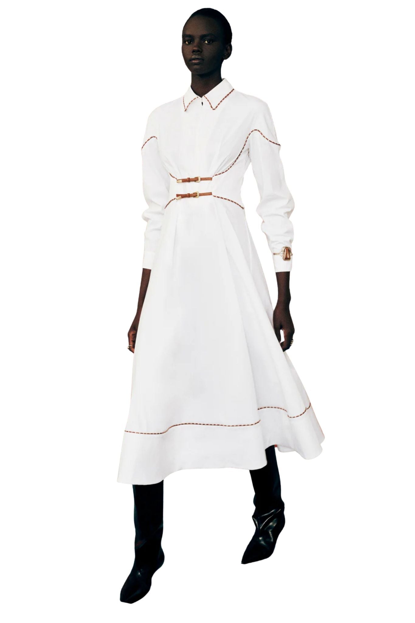 Lela Rose Leather Trim Maxi Shirtdress - Vermillion