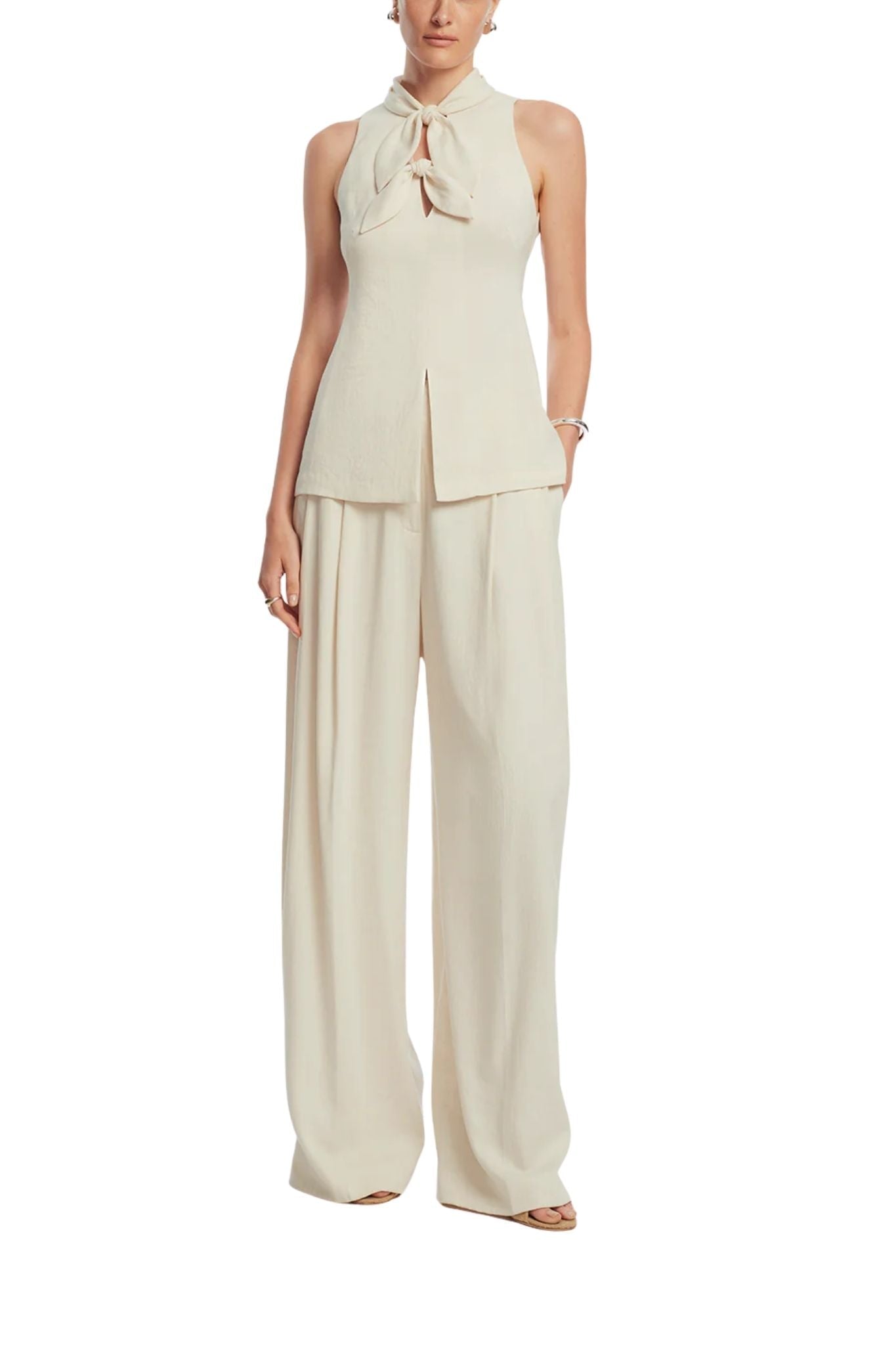 Lela Rose Linen Bow Top Bone - Vermillion