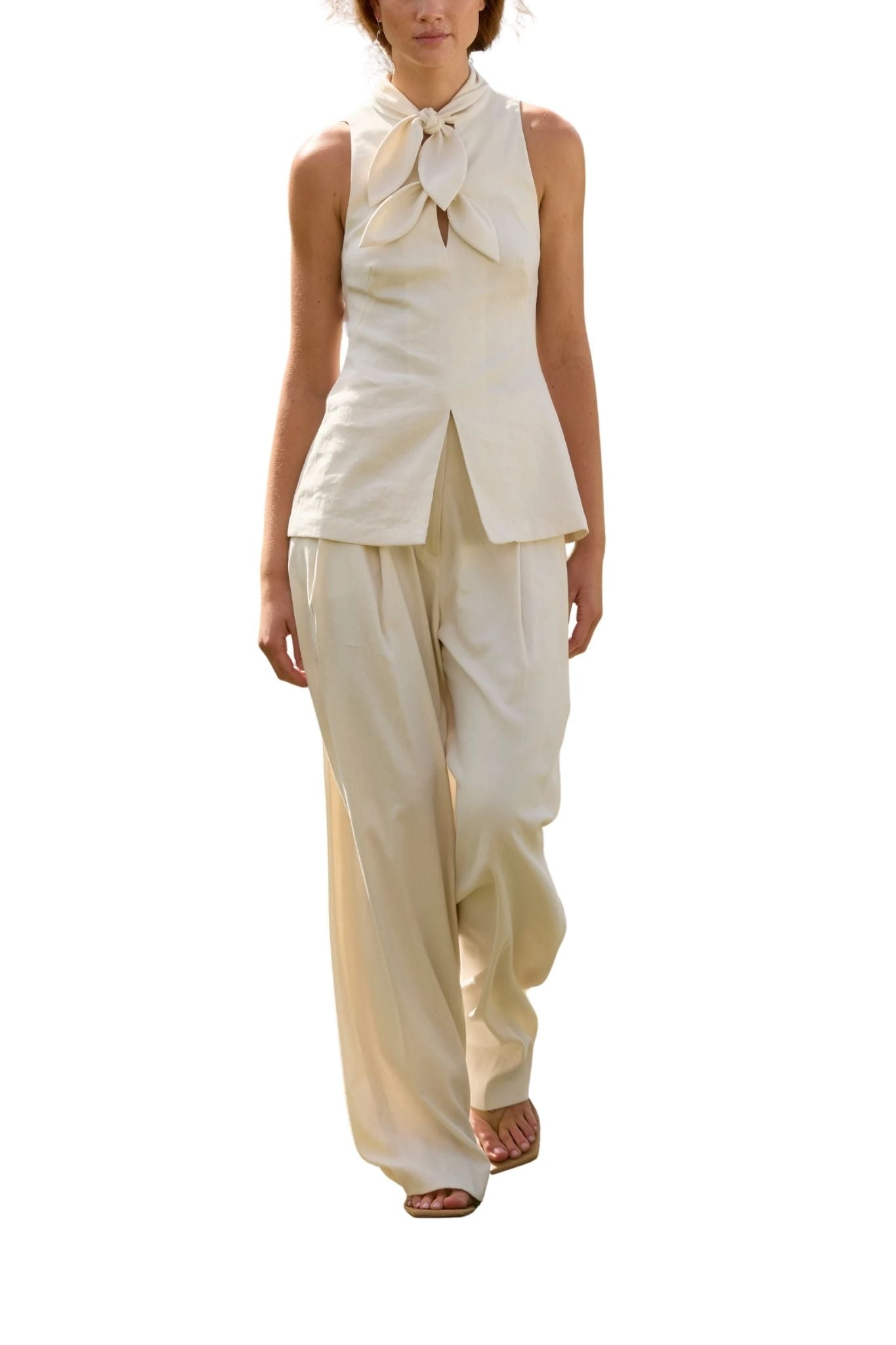 Lela Rose Linen Bow Top Bone - Vermillion