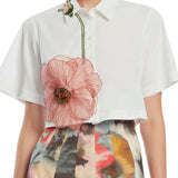 Lela Rose Peony Embroidered Cotton Poplin Cropped Shirt White/Pink - Vermillion