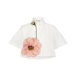 Lela Rose Peony Embroidered Cotton Poplin Cropped Shirt White/Pink - Vermillion