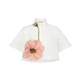 Lela Rose Peony Embroidered Cotton Poplin Cropped Shirt White/Pink - Vermillion