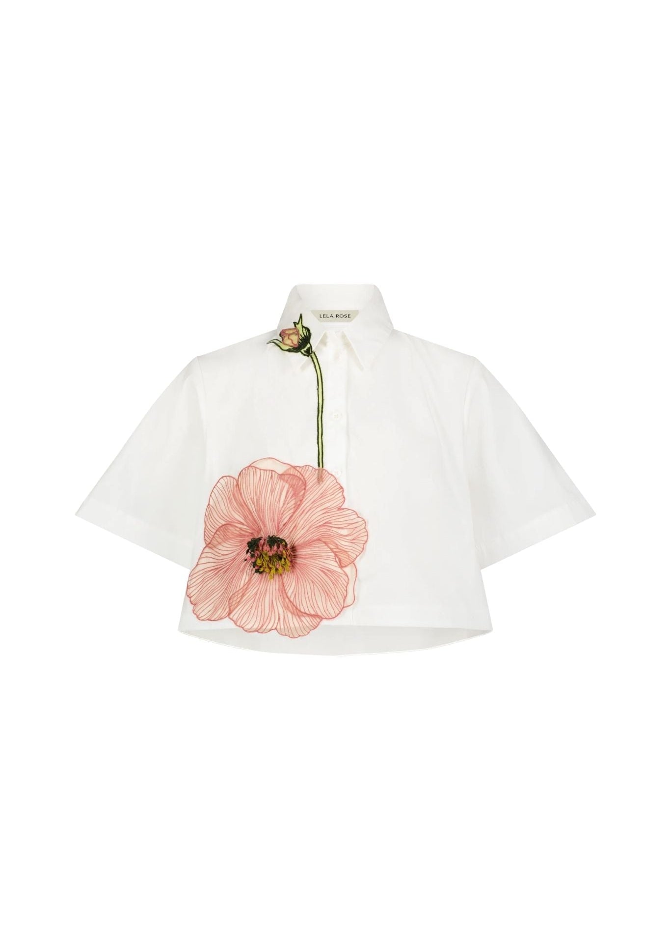 Lela Rose Peony Embroidered Cotton Poplin Cropped Shirt White/Pink - Vermillion