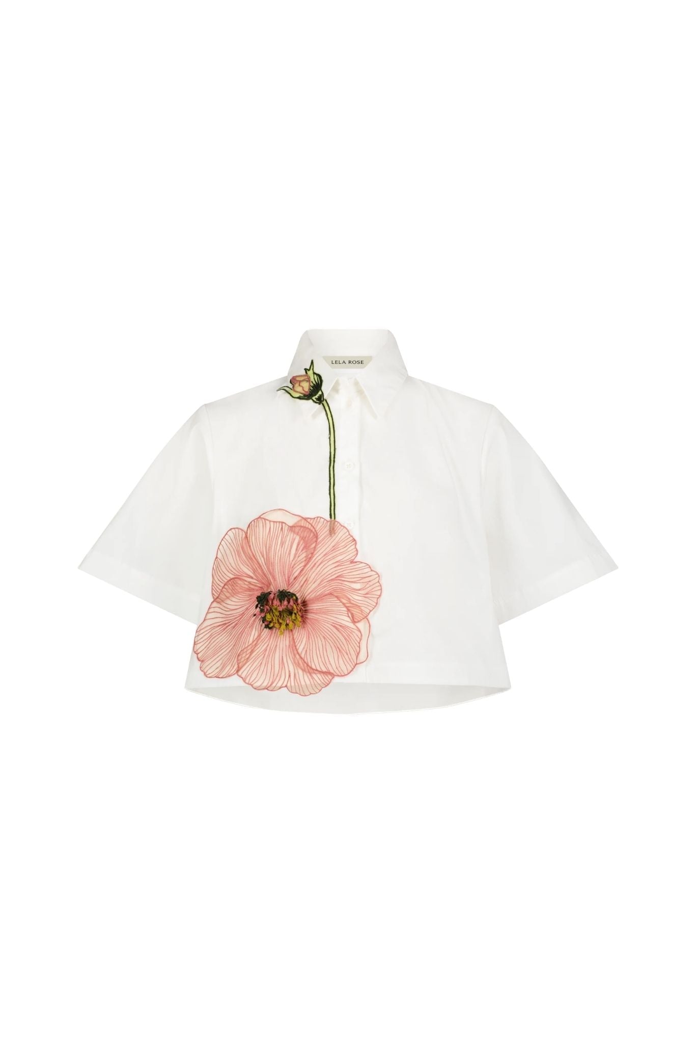 Lela Rose Peony Embroidered Cotton Poplin Cropped Shirt White/Pink - Vermillion