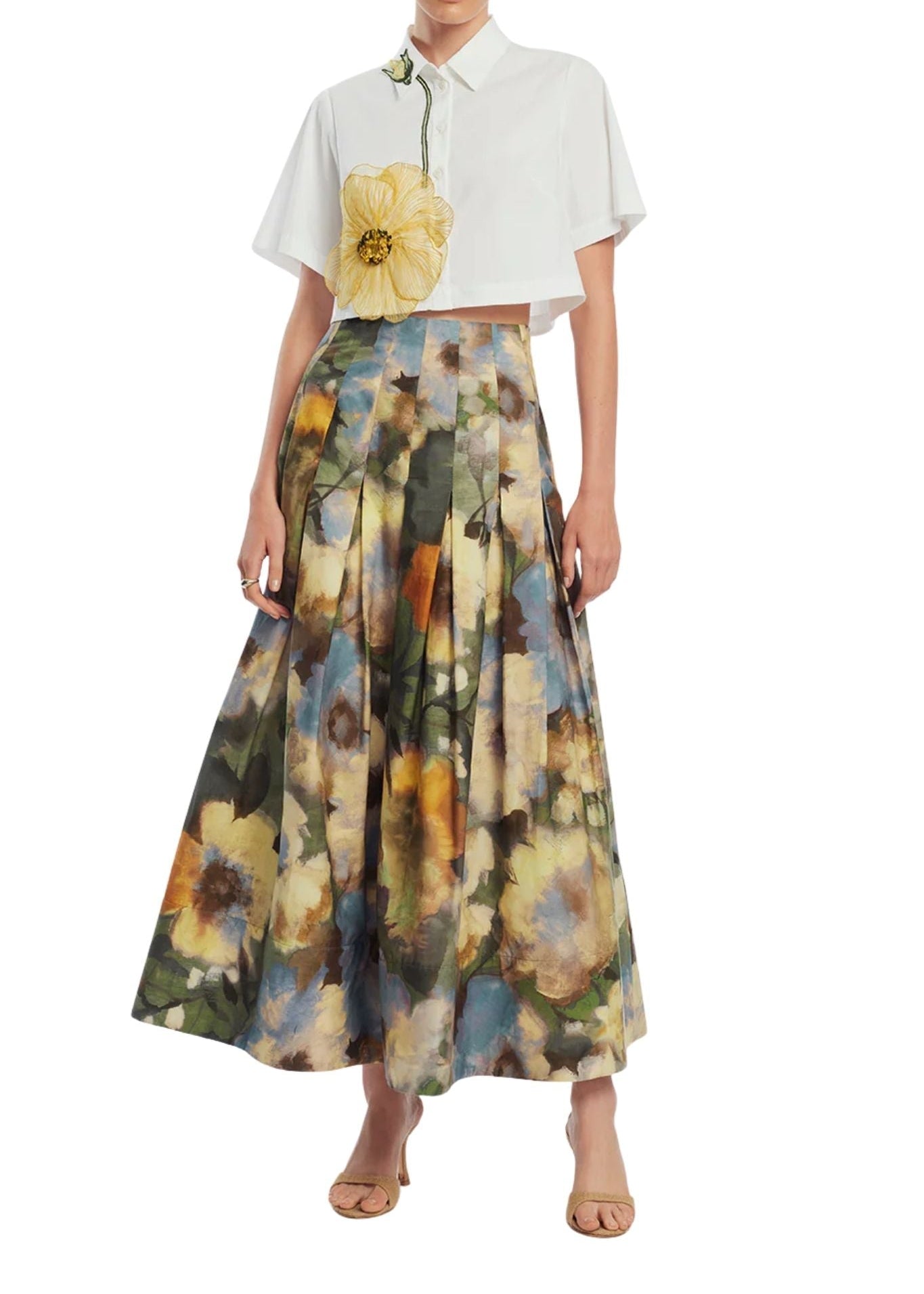 Lela Rose Peony Embroidered Cotton Poplin Cropped Shirt White/Yellow - Vermillion