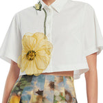 Lela Rose Peony Embroidered Cotton Poplin Cropped Shirt White/Yellow - Vermillion