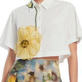 Lela Rose Peony Embroidered Cotton Poplin Cropped Shirt White/Yellow - Vermillion