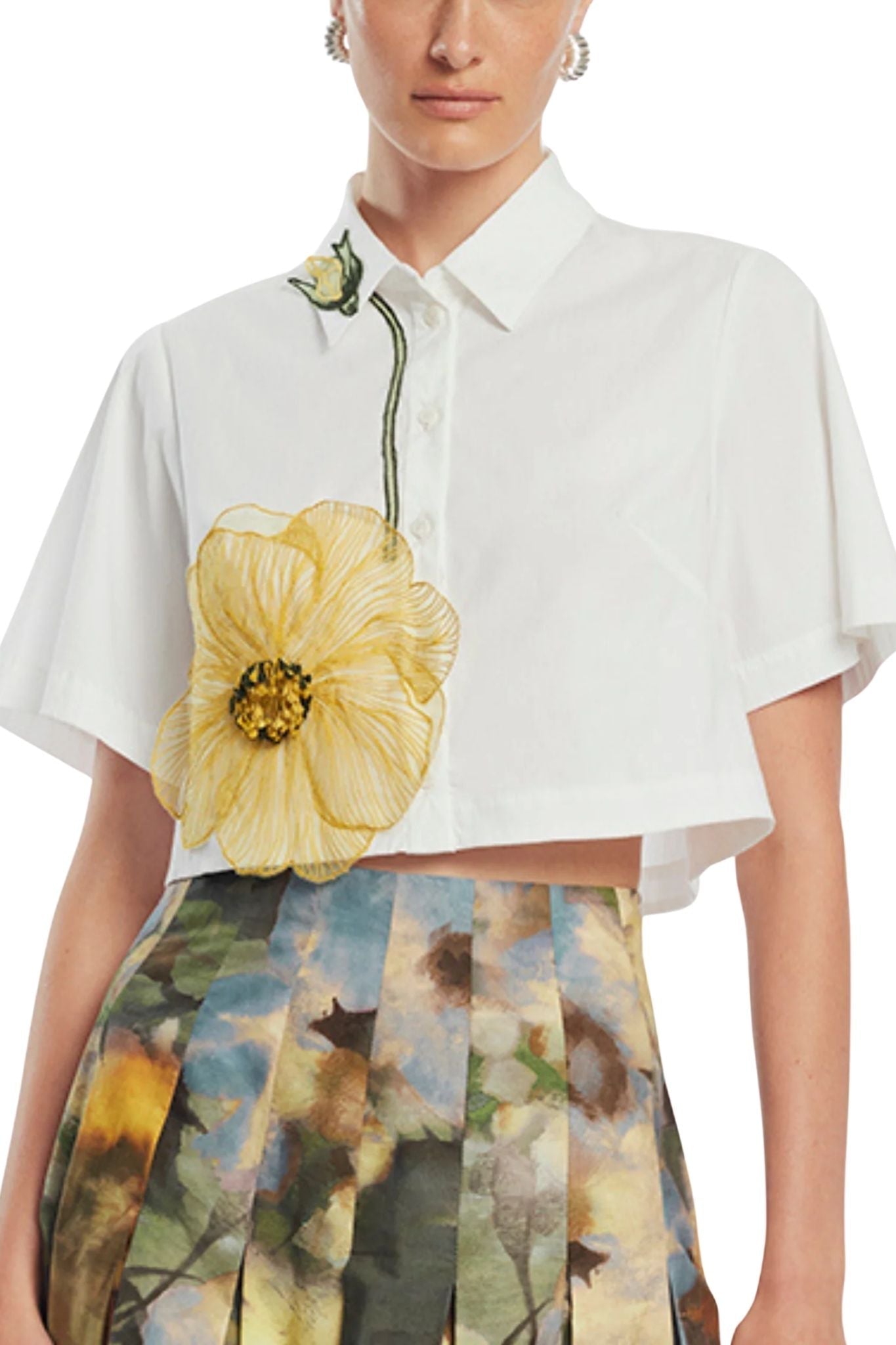 Lela Rose Peony Embroidered Cotton Poplin Cropped Shirt White/Yellow - Vermillion