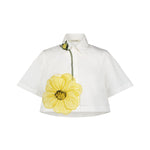 Lela Rose Peony Embroidered Cotton Poplin Cropped Shirt White/Yellow - Vermillion