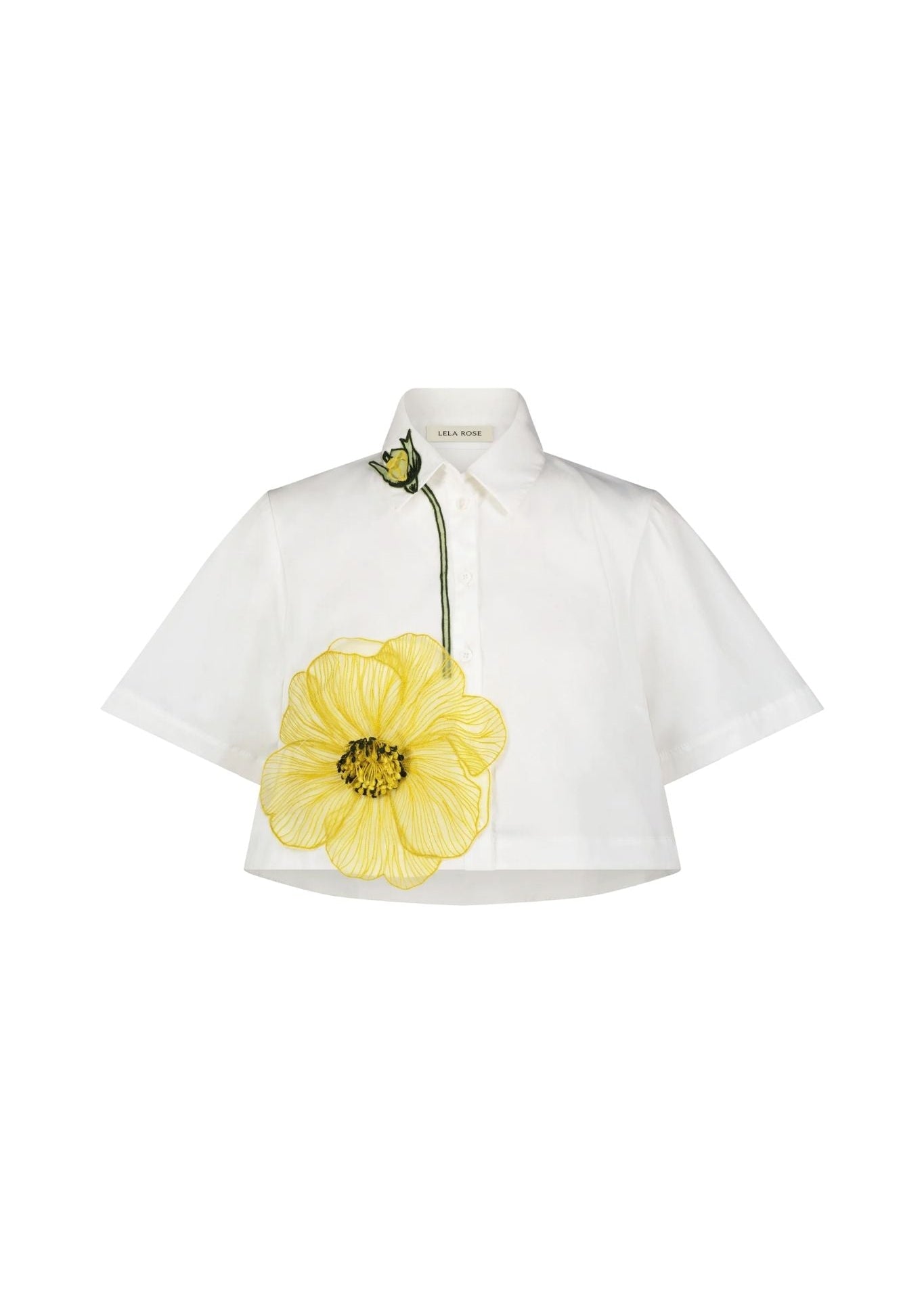 Lela Rose Peony Embroidered Cotton Poplin Cropped Shirt White/Yellow - Vermillion