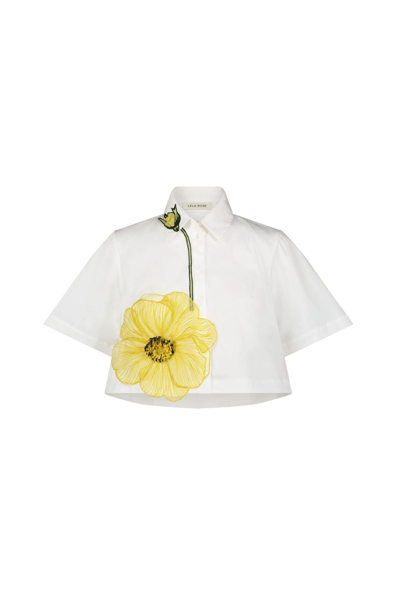 Lela Rose Peony Embroidered Cotton Poplin Cropped Shirt White/Yellow - Vermillion