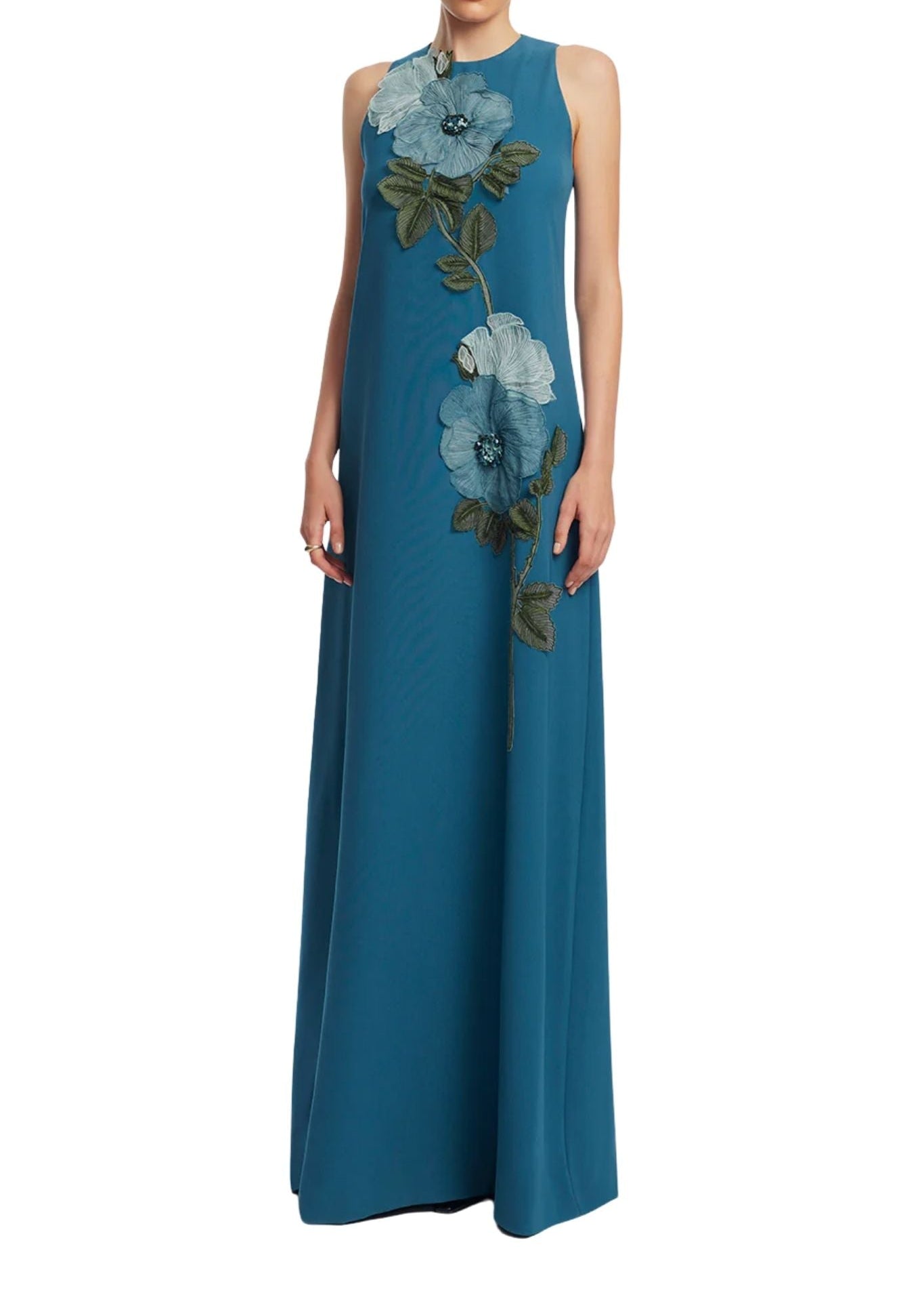 Lela Rose Peony Embroidered Fluid Crepe Francie Gown - Vermillion