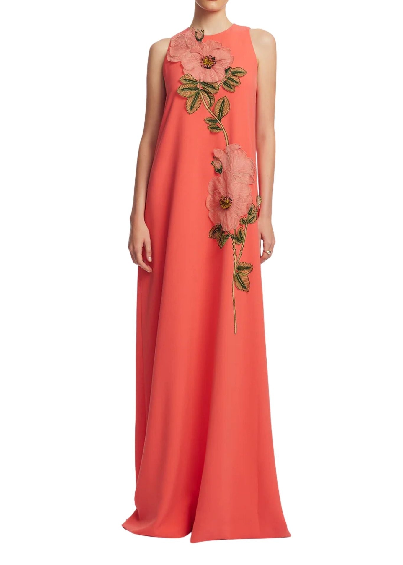 Lela Rose Peony Embroidered Fluid Crepe Francie Gown - Vermillion
