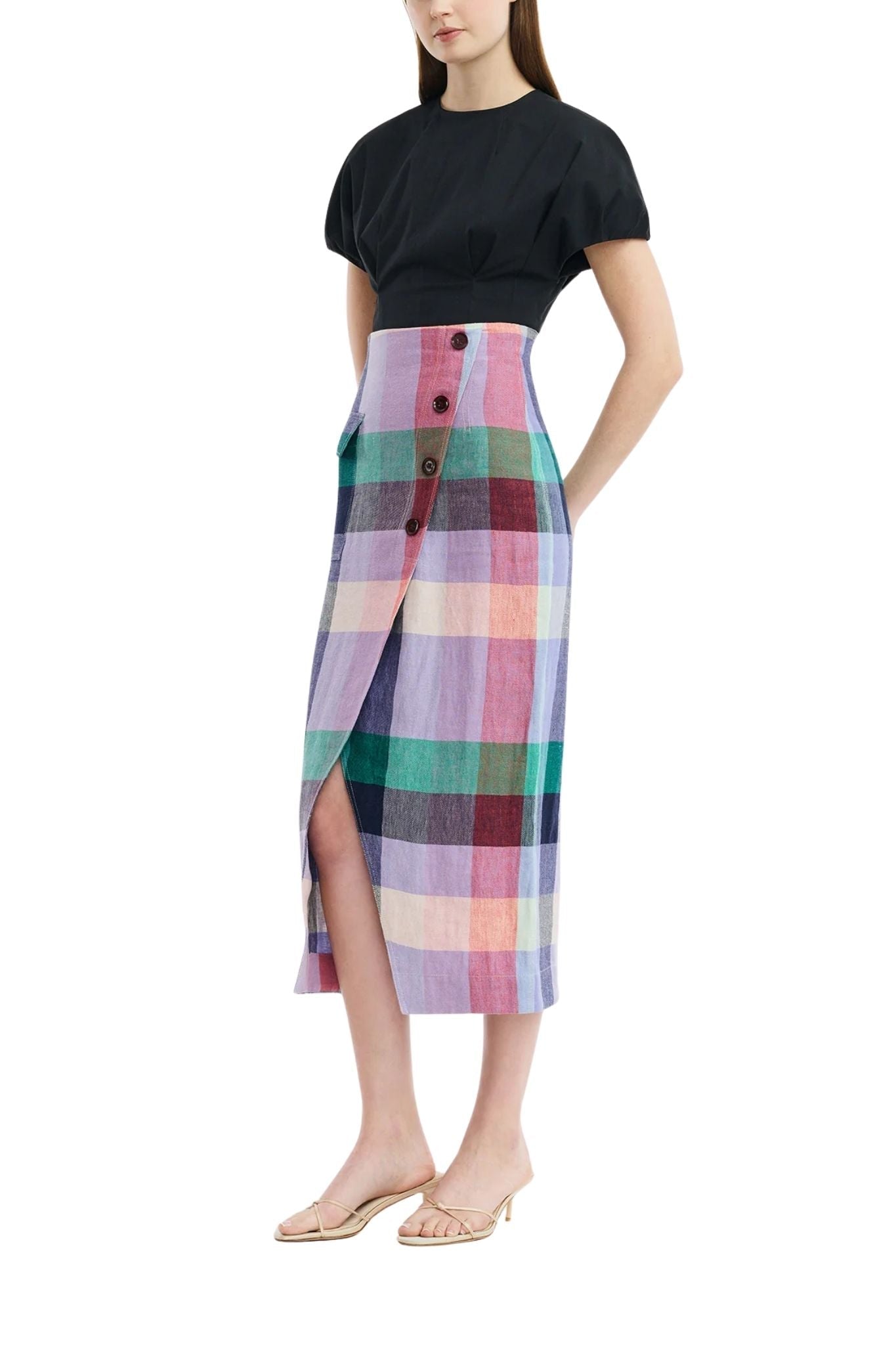 Lela Rose Plaid Linen Asymmetrical Skirt - Vermillion