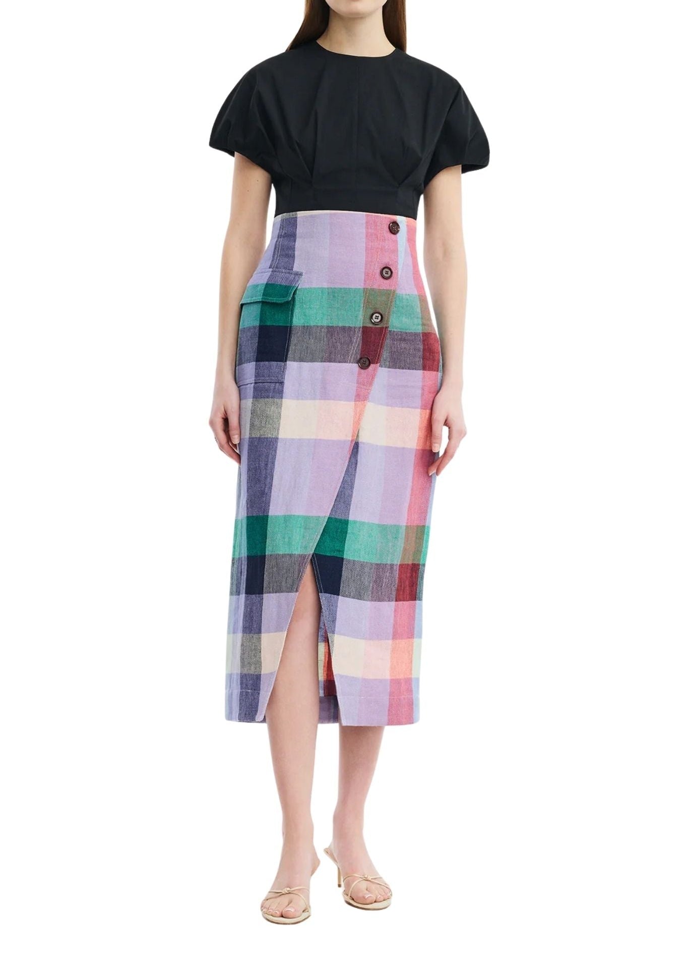 Lela Rose Plaid Linen Asymmetrical Skirt - Vermillion