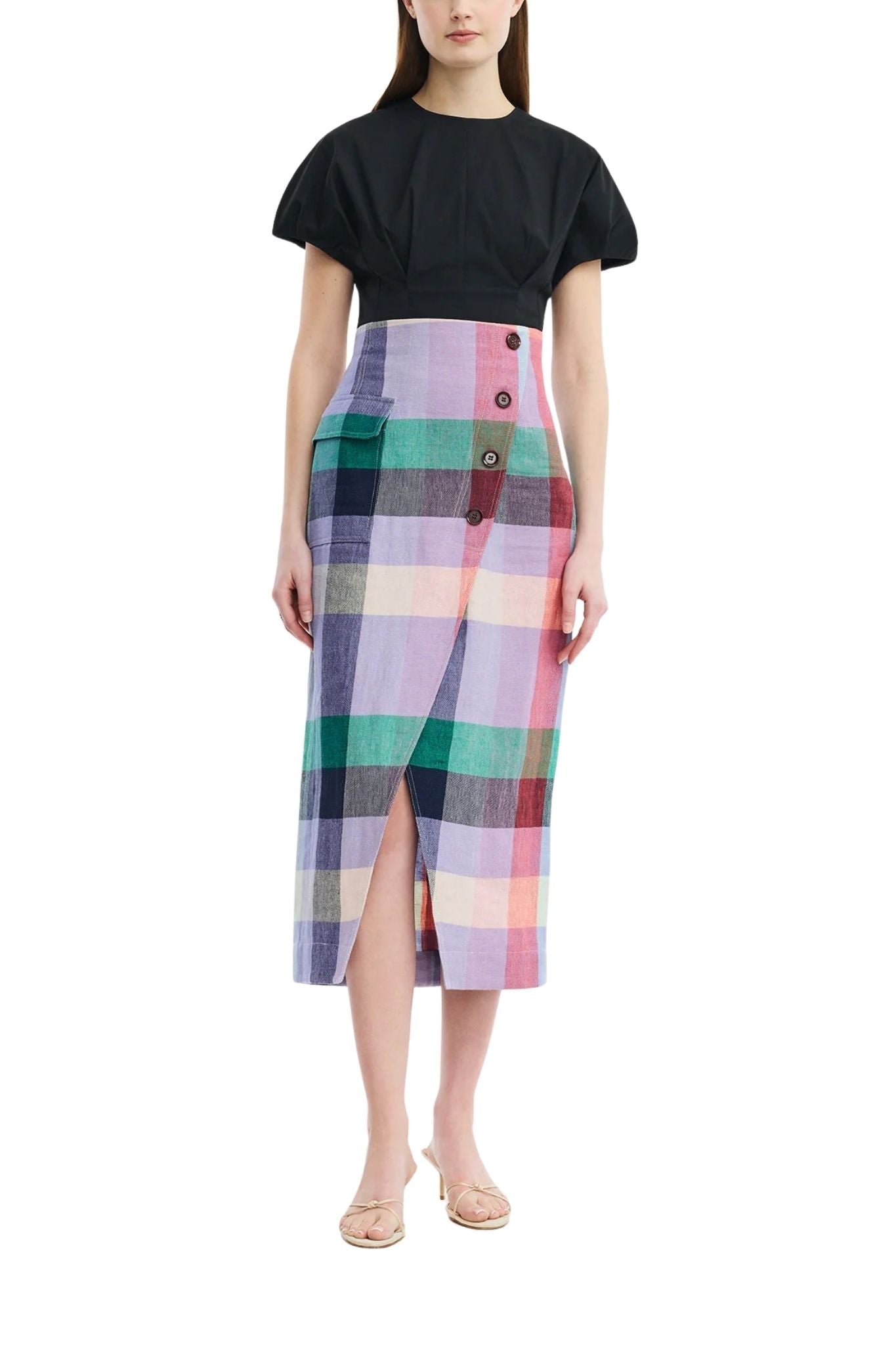 Lela Rose Plaid Linen Asymmetrical Skirt - Vermillion