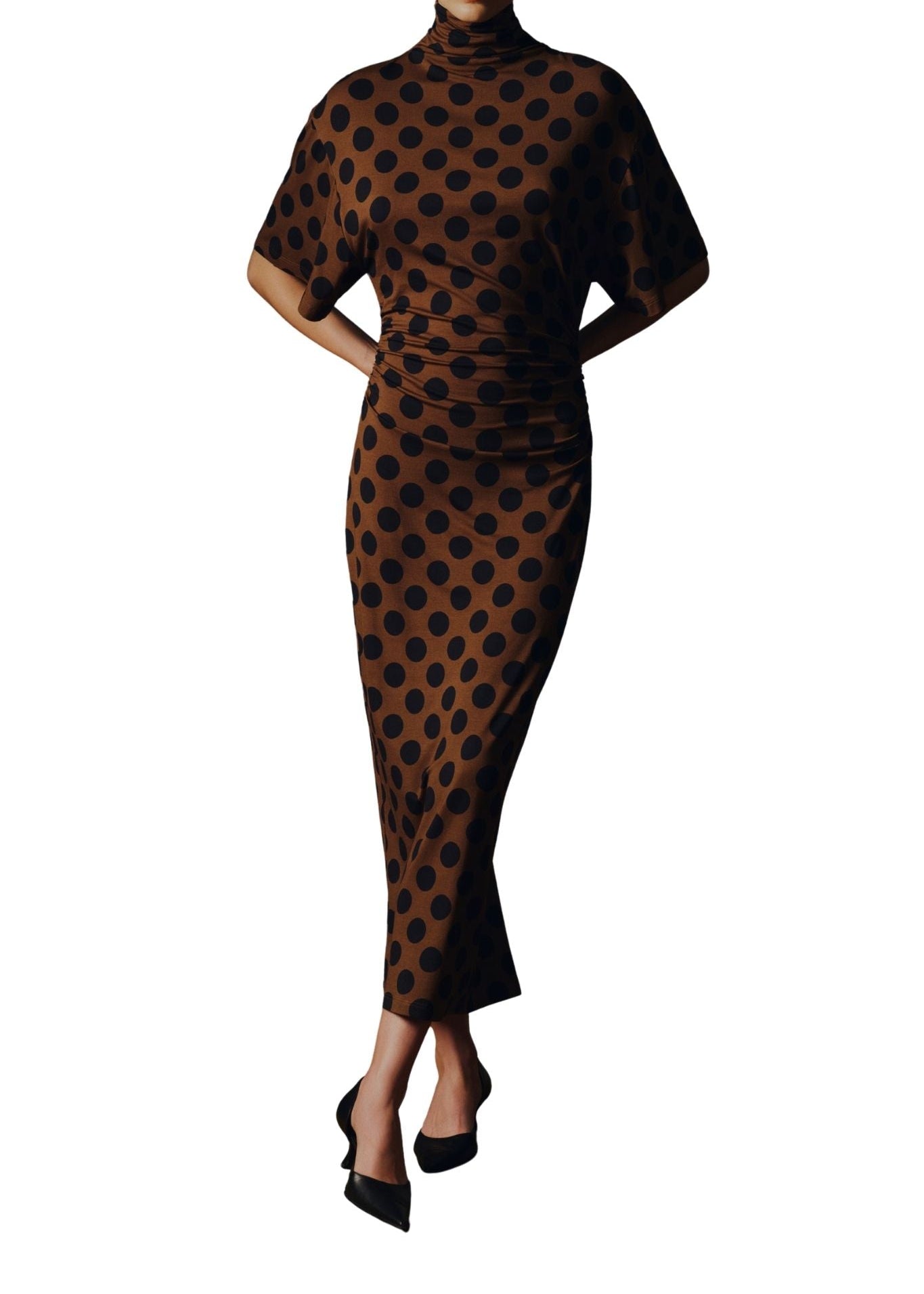 Lela Rose Polka Dot Jersey Turtleneck Dress - Vermillion