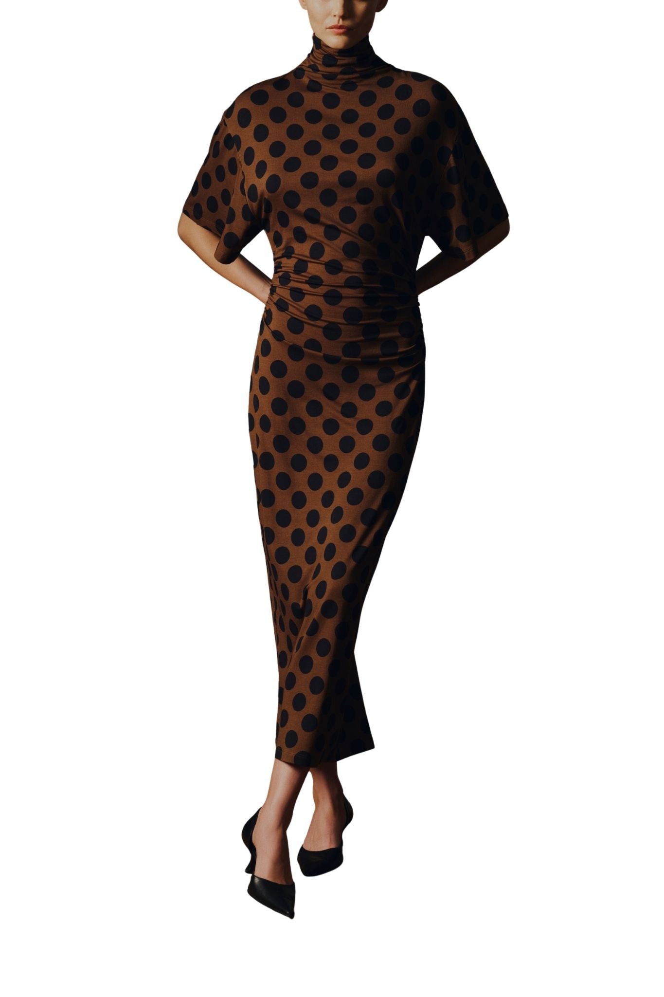 Lela Rose Polka Dot Jersey Turtleneck Dress - Vermillion