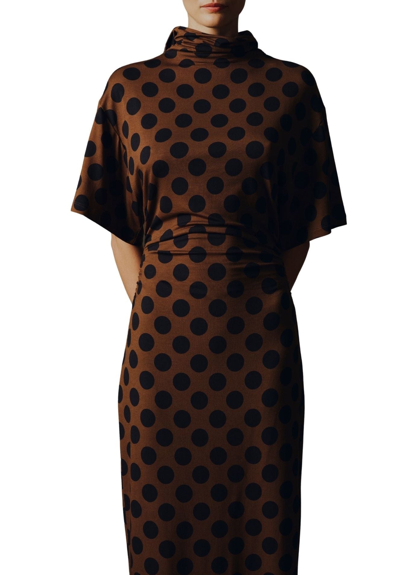 Lela Rose Polka Dot Jersey Turtleneck Dress - Vermillion