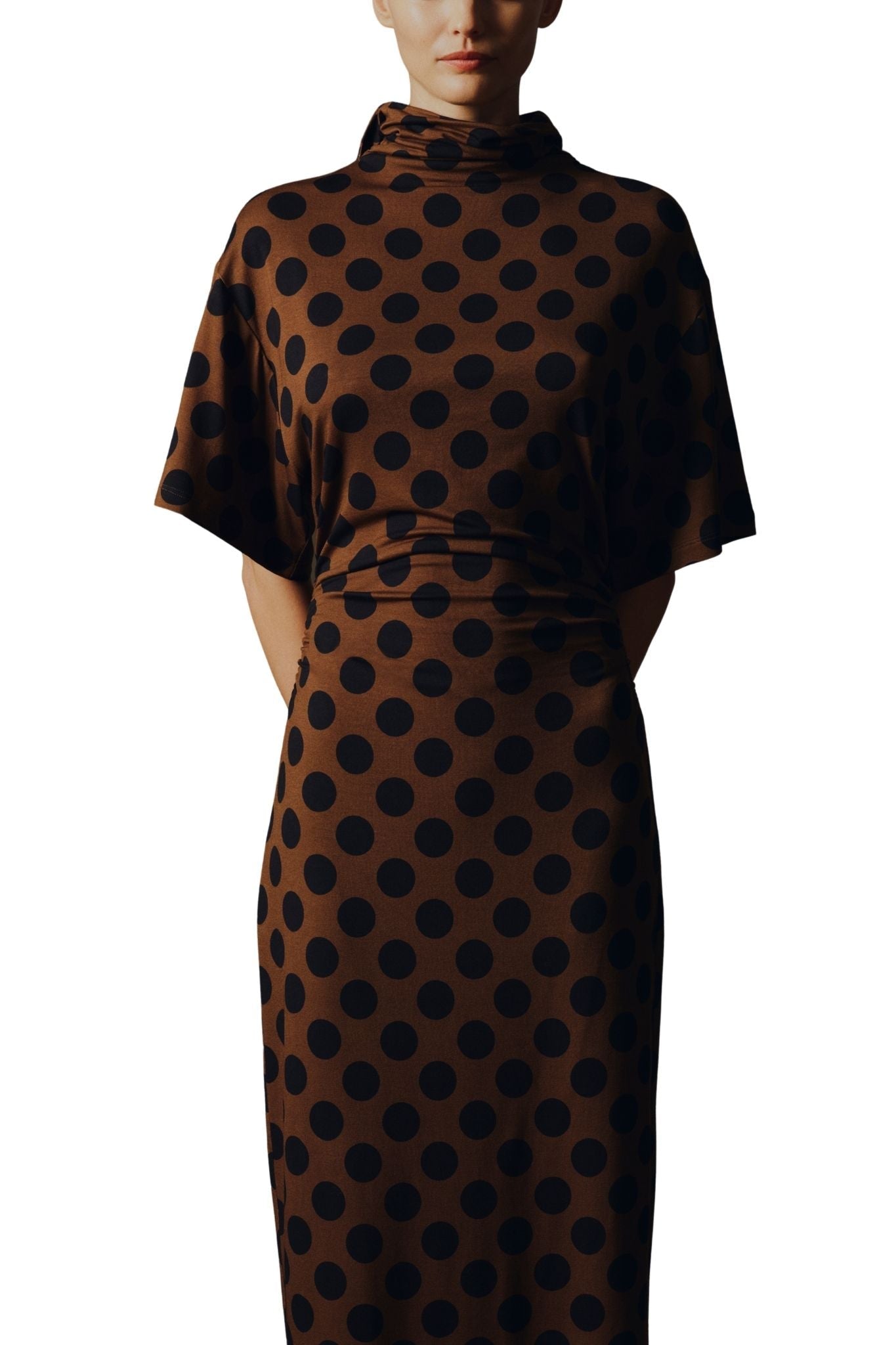 Lela Rose Polka Dot Jersey Turtleneck Dress - Vermillion