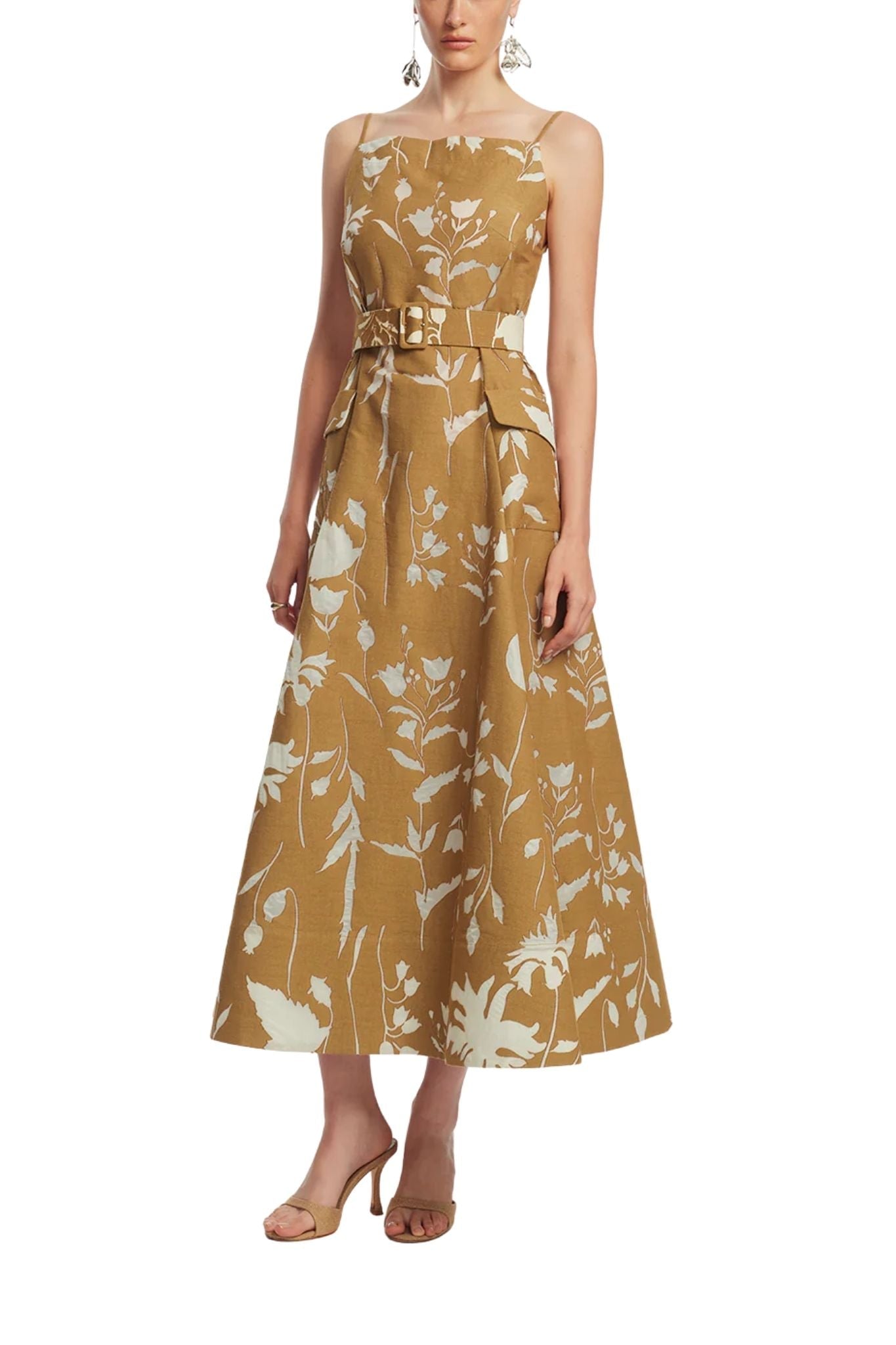 Lela Rose Sheer Floral Jacquard Belted Dress - Vermillion