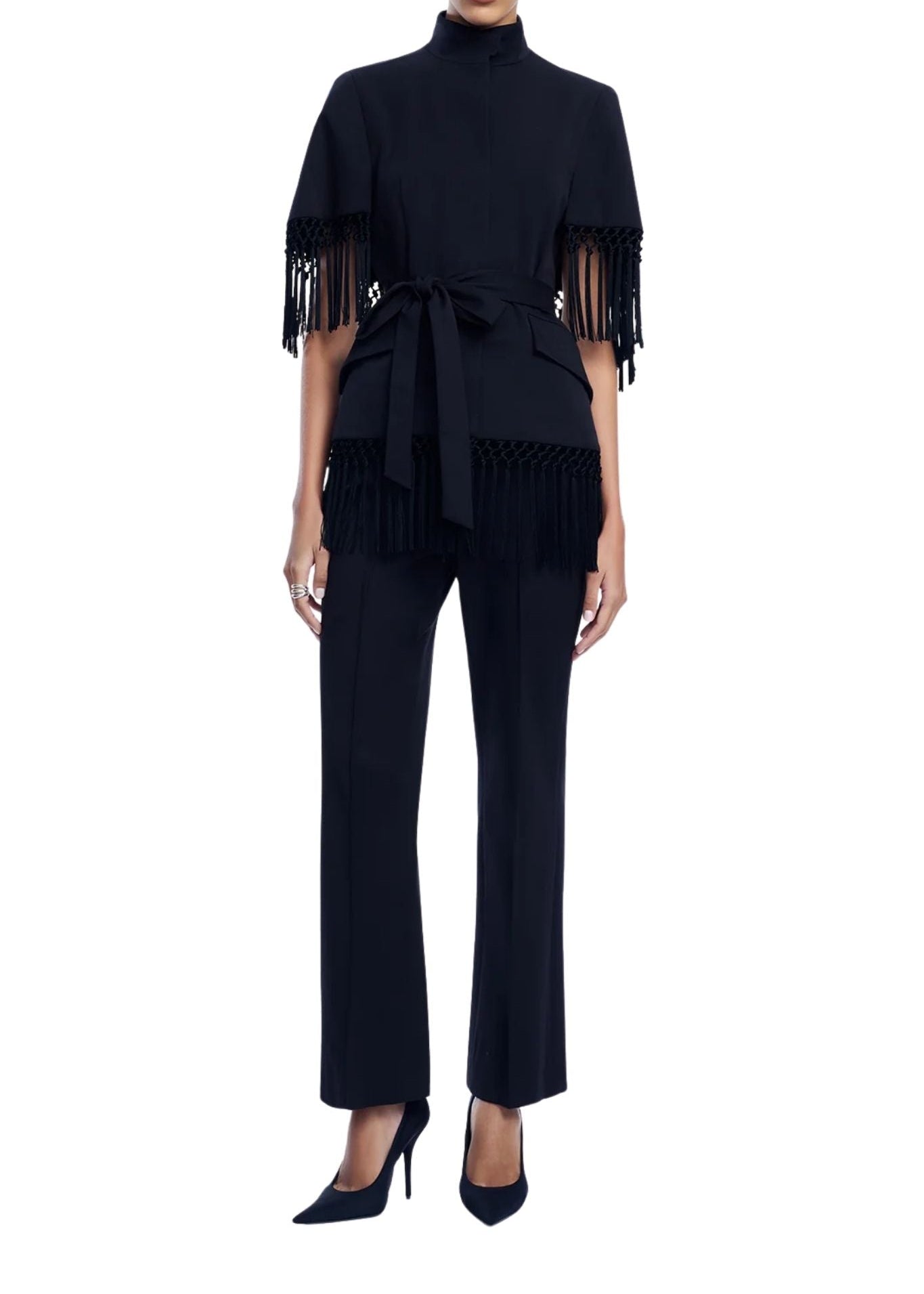 Lela Rose Stretch Cotton Fringed Cape - Vermillion