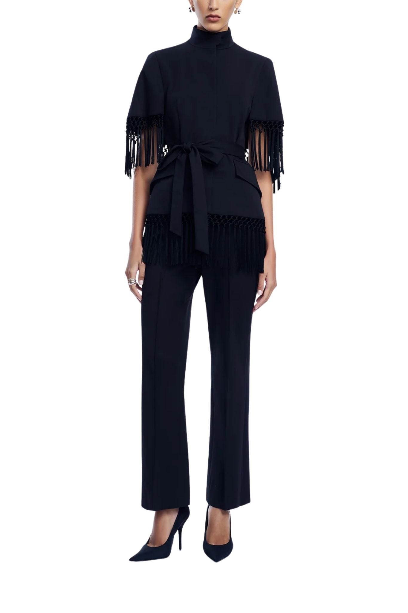 Lela Rose Stretch Cotton Fringed Cape - Vermillion