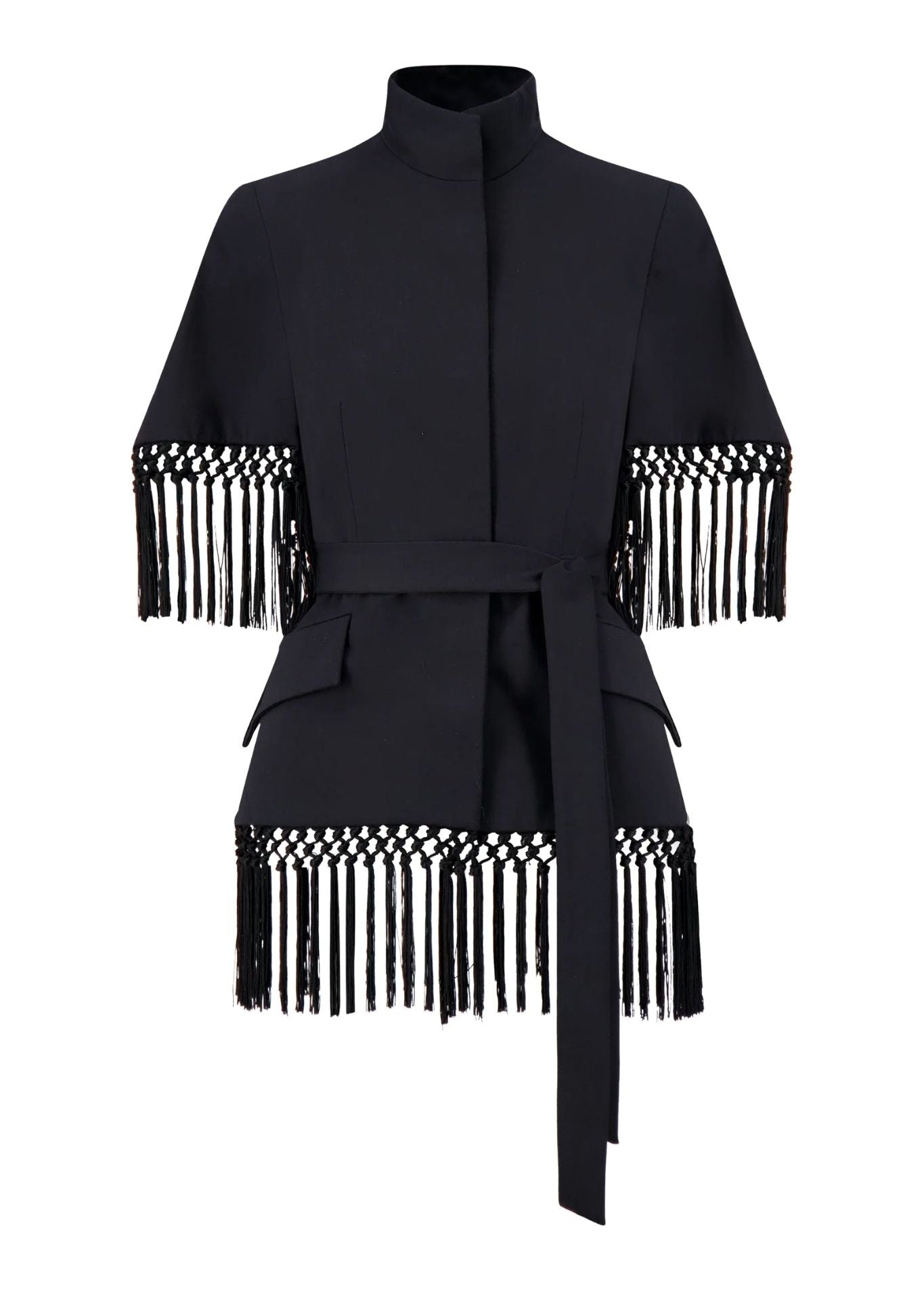 Lela Rose Stretch Cotton Fringed Cape - Vermillion