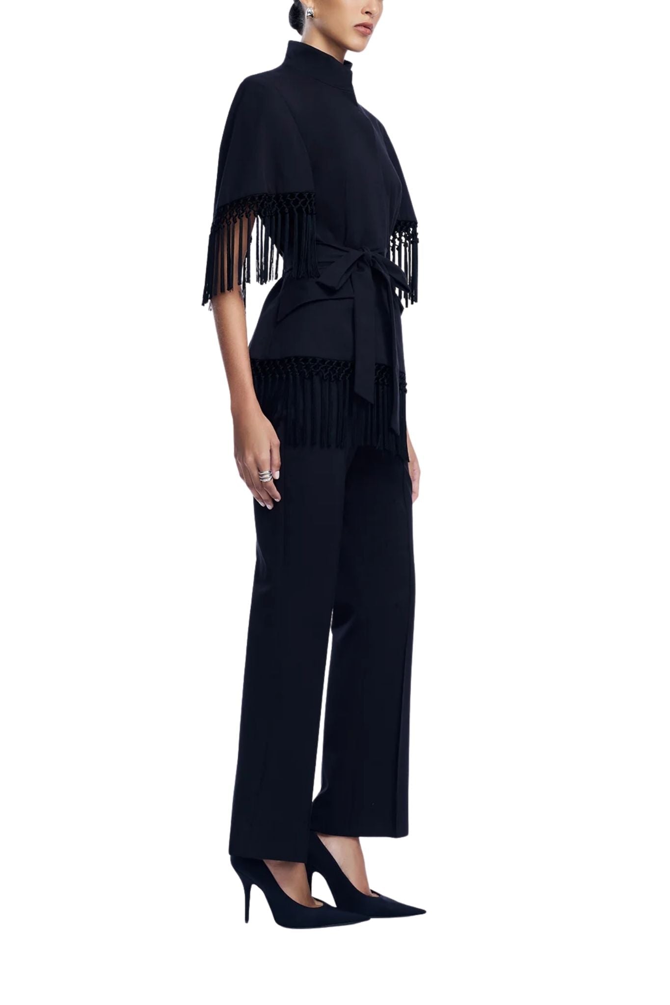 Lela Rose Stretch Cotton Fringed Cape - Vermillion