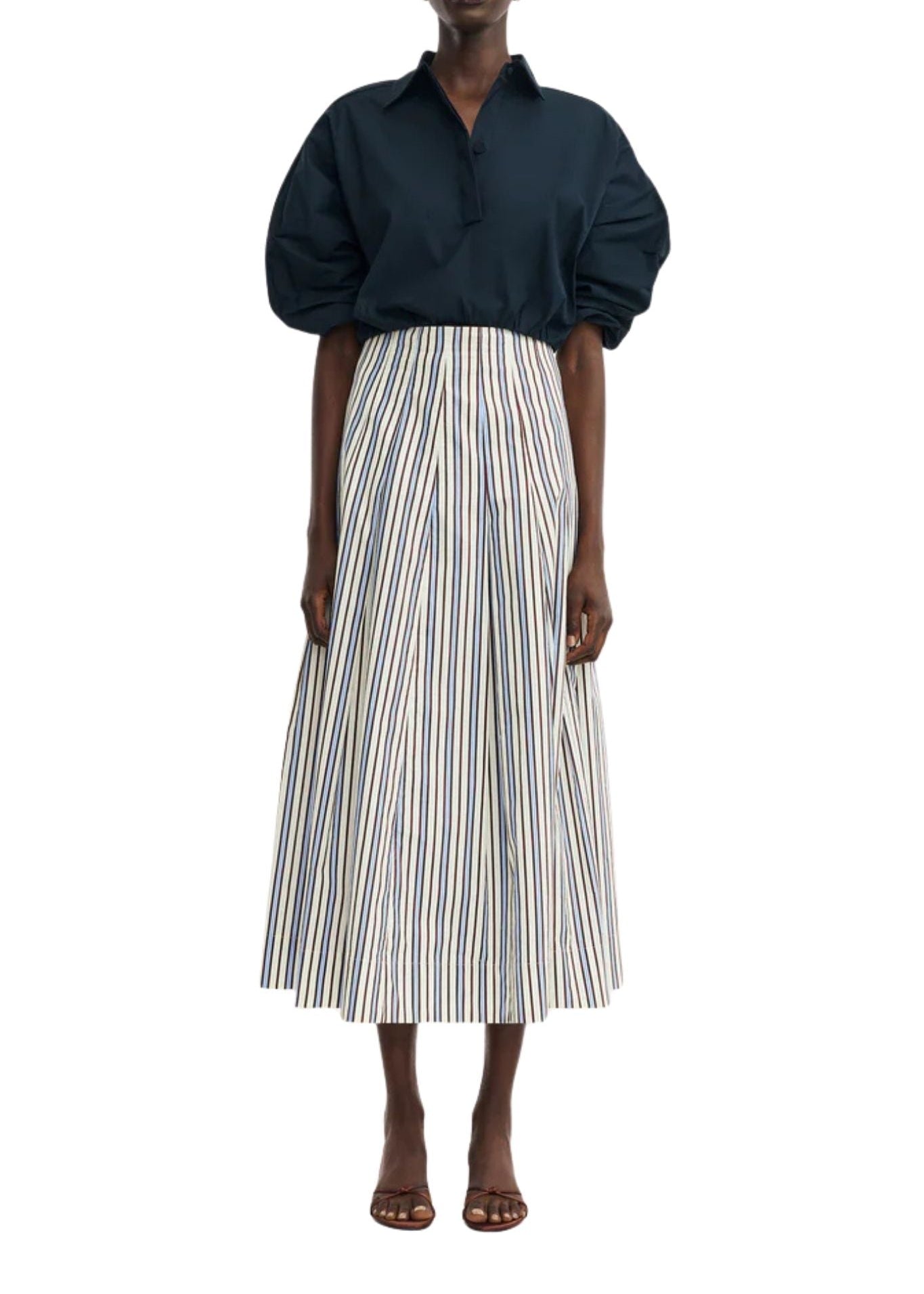 Lela Rose Striped Cotton Full Skirt - Vermillion