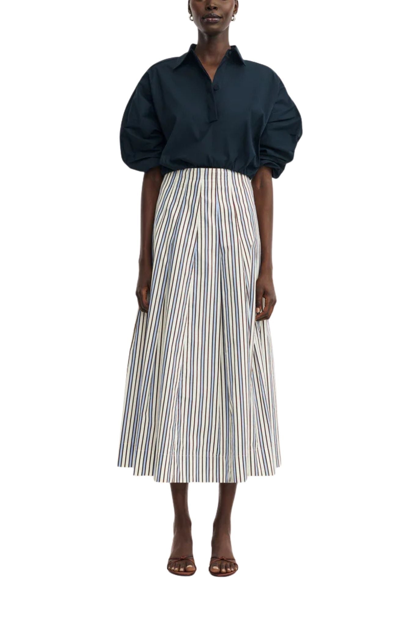 Lela Rose Striped Cotton Full Skirt - Vermillion