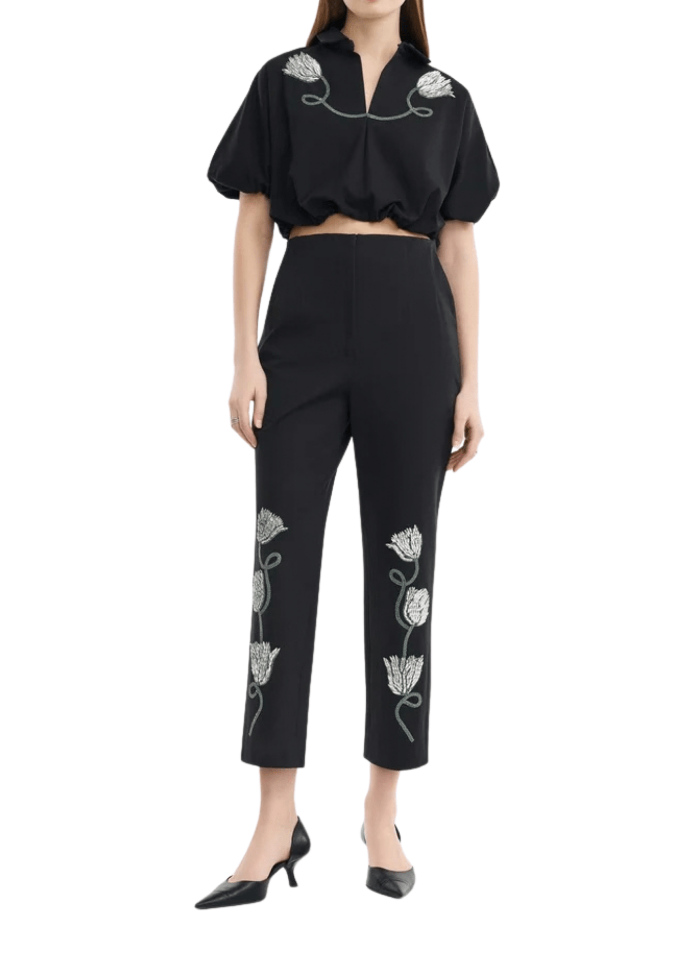 Lela Rose Tulip Crystal Embroidered Stretch Cotton Pant - Vermillion