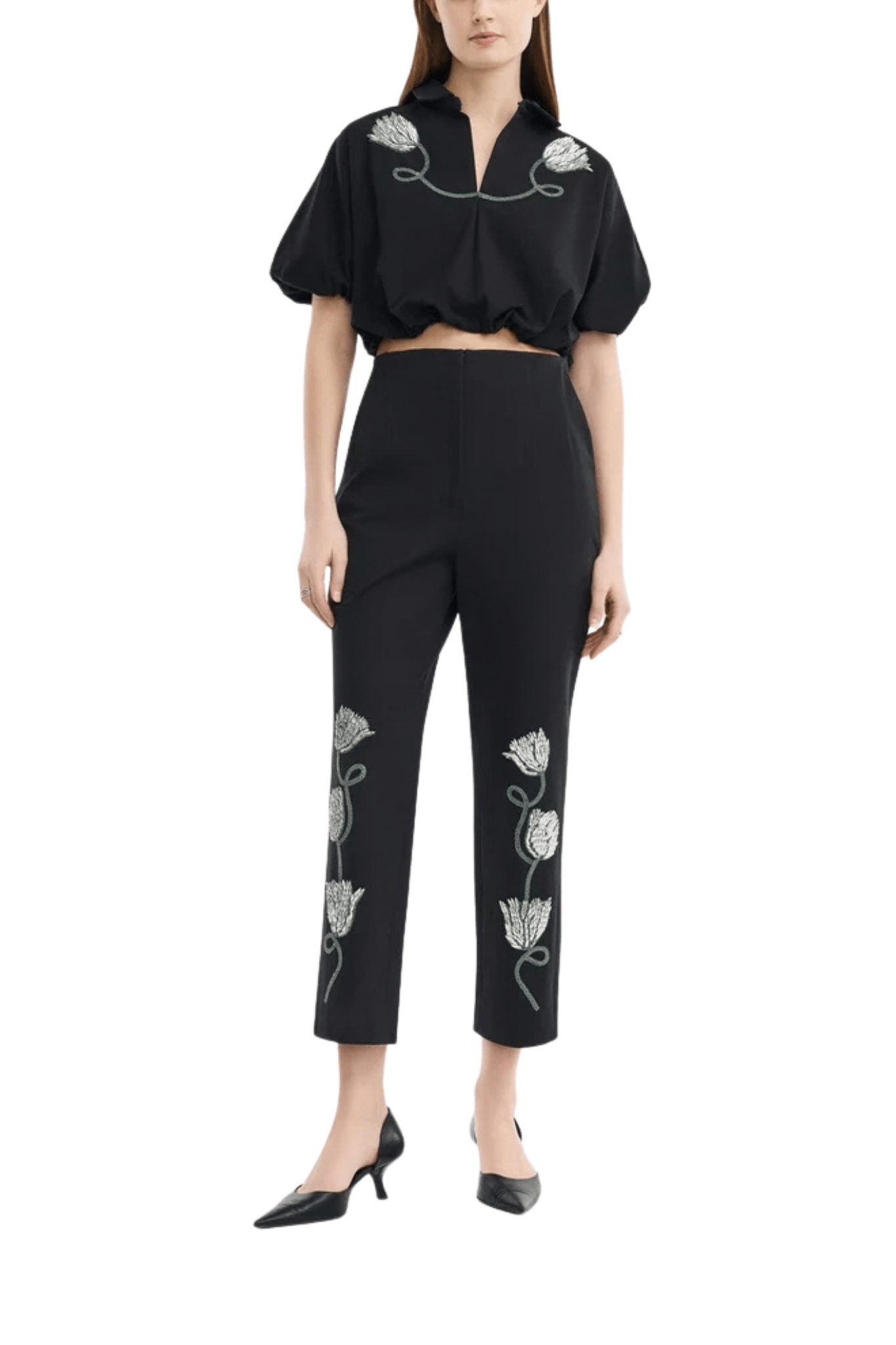 Lela Rose Tulip Crystal Embroidered Stretch Cotton Pant - Vermillion