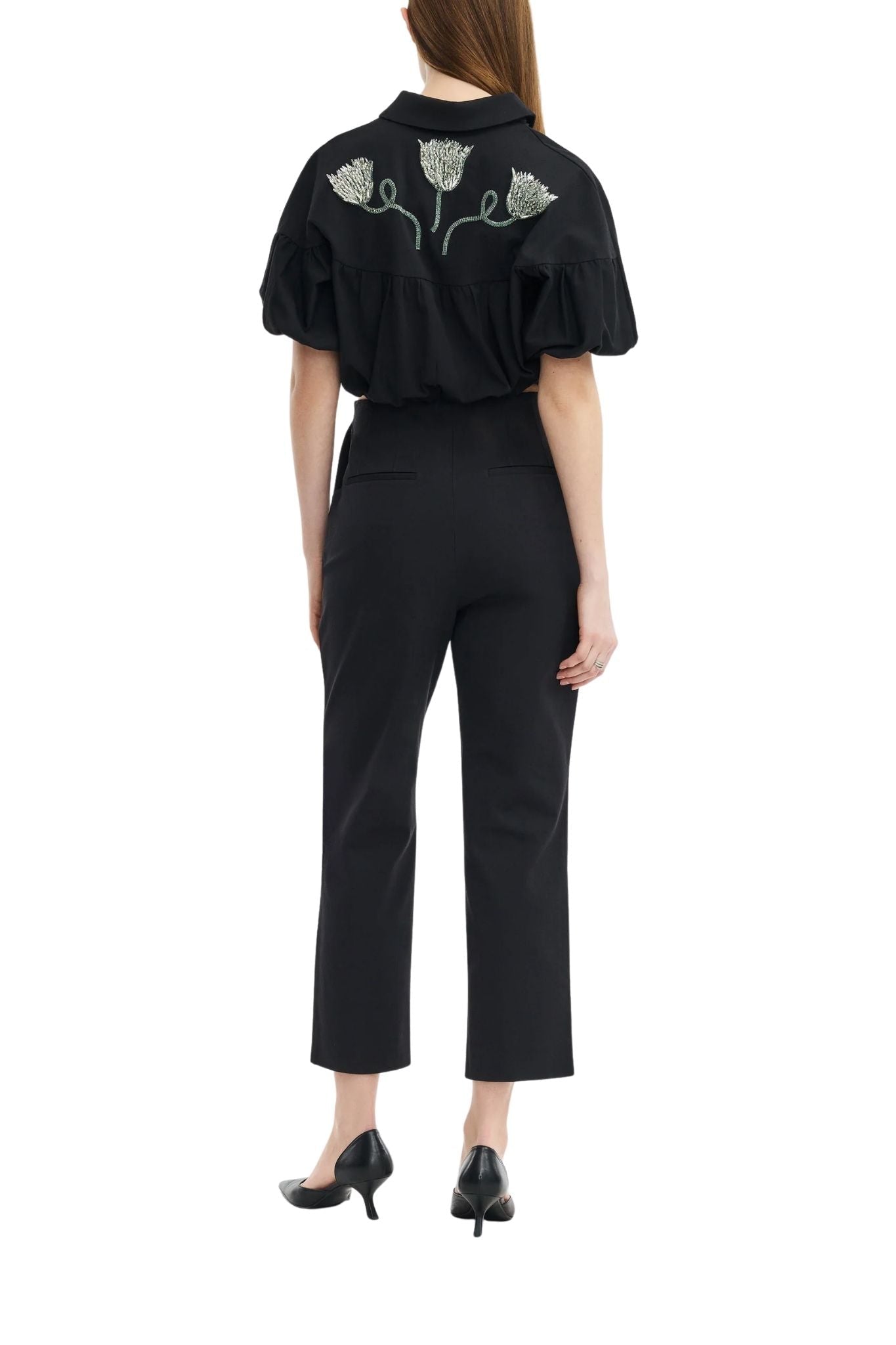 Lela Rose Tulip Crystal Embroidered Stretch Cotton Top - Vermillion