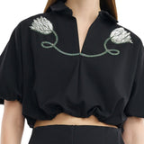 Lela Rose Tulip Crystal Embroidered Stretch Cotton Top