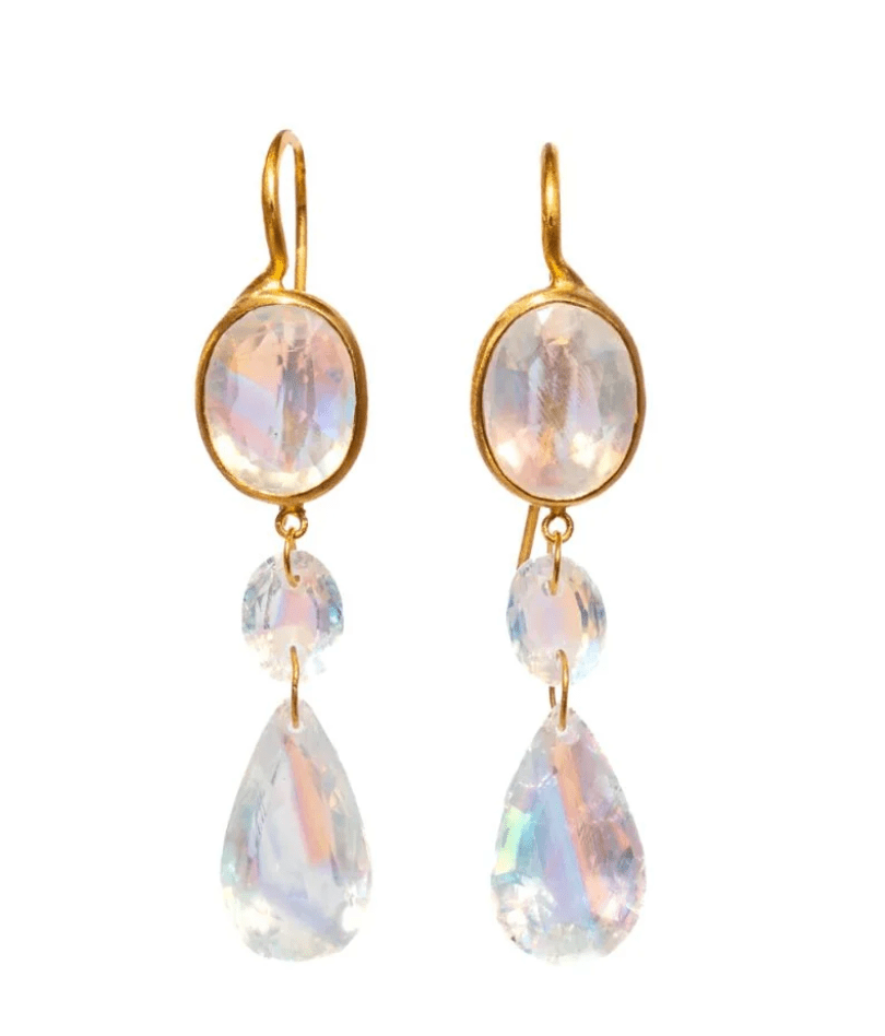 Marie Helene de Taillac 22k Yellow Gold Rainbow Moonstone Elizabeth T Earrings - Vermillion