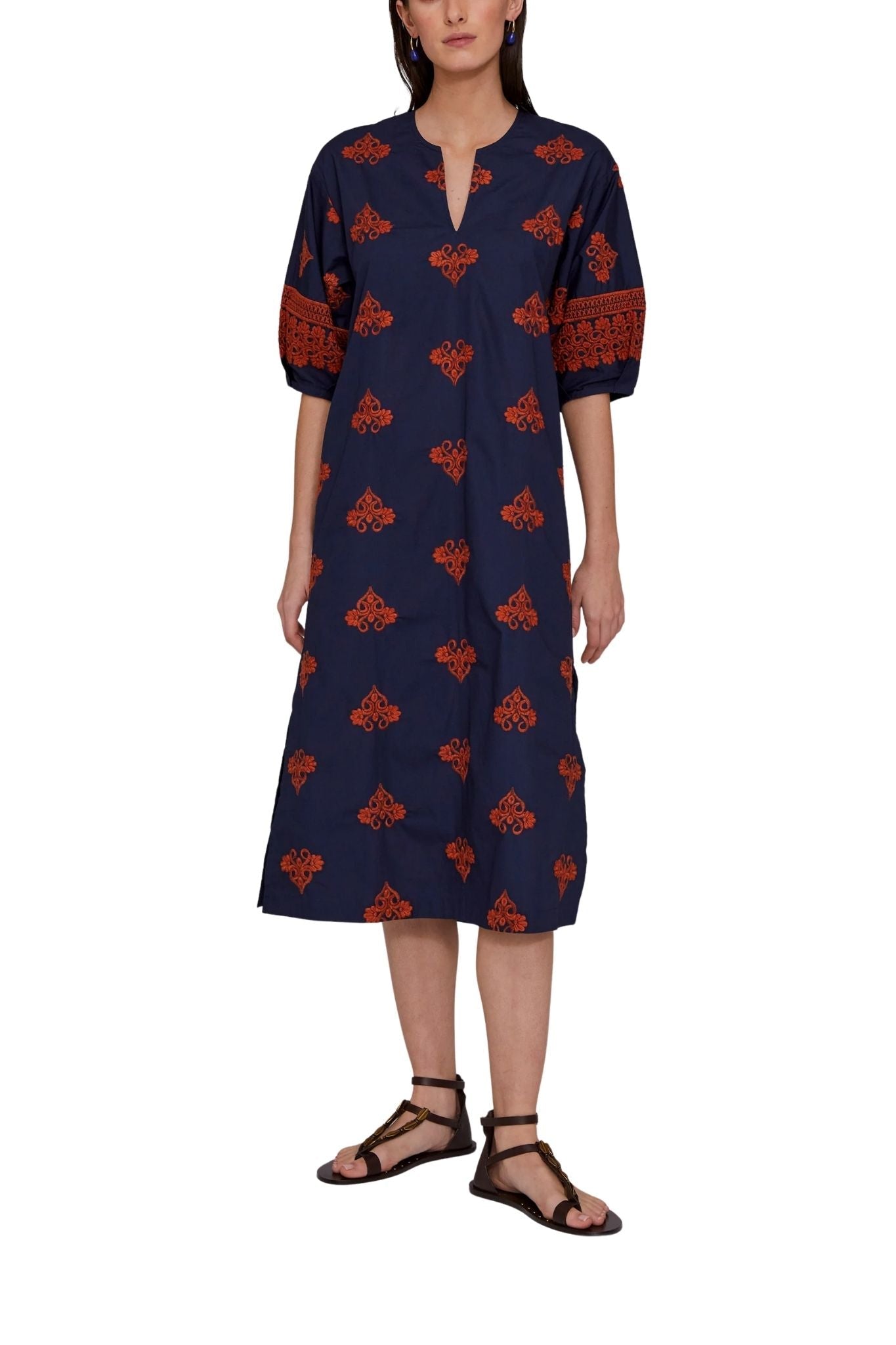 Megan Park Aria Embroidered Poplin Dress - Vermillion