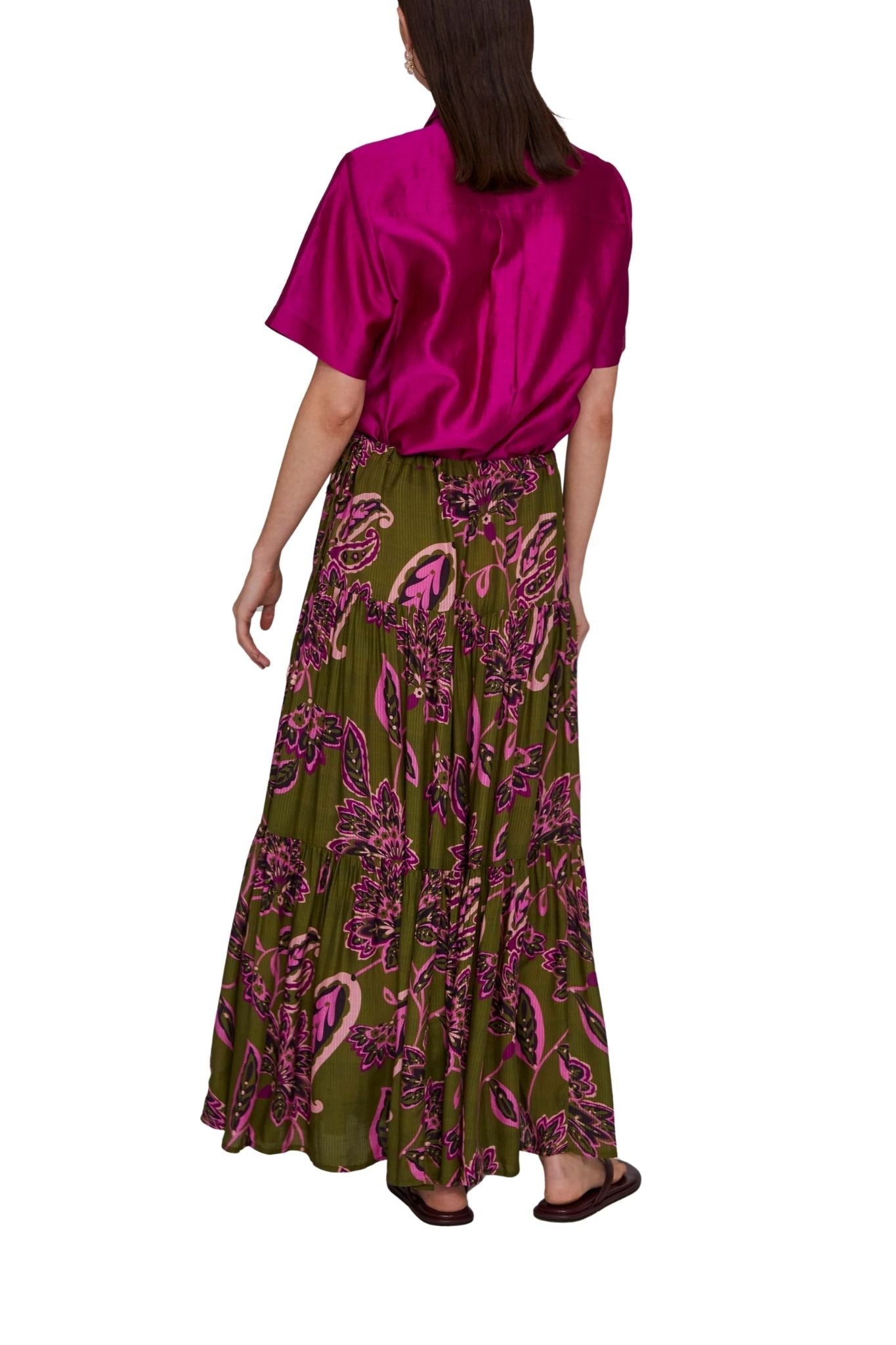 Megan Park Lyla Sateen Stripe Tiered Skirt - Vermillion