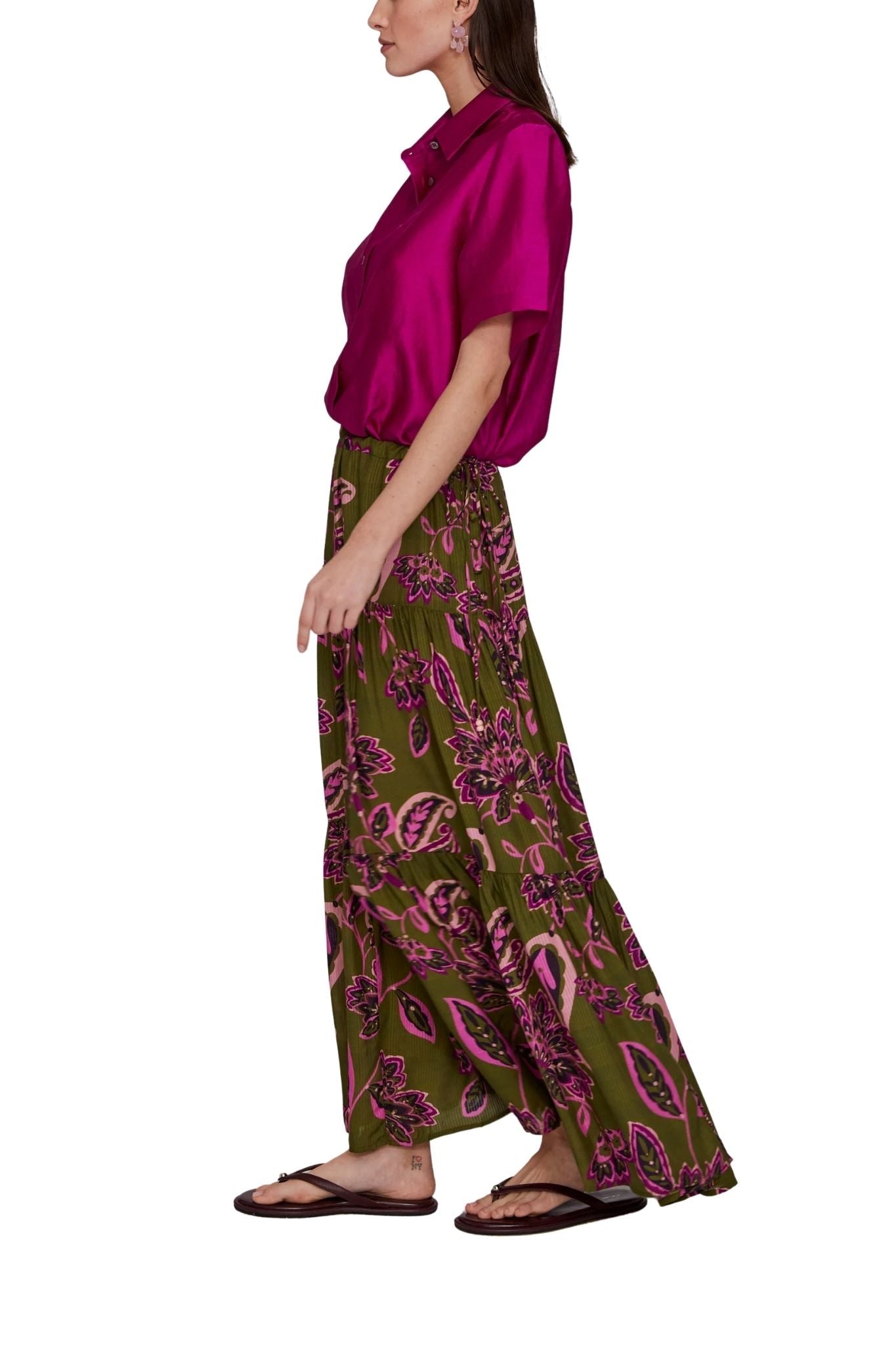 Megan Park Lyla Sateen Stripe Tiered Skirt - Vermillion