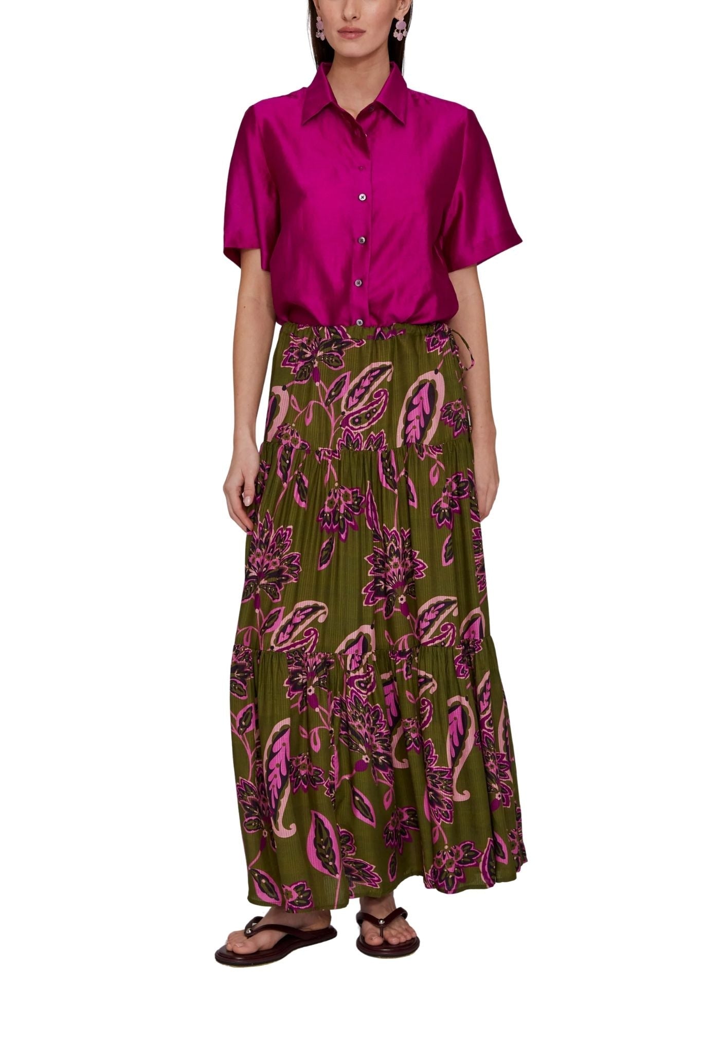 Megan Park Lyla Sateen Stripe Tiered Skirt - Vermillion