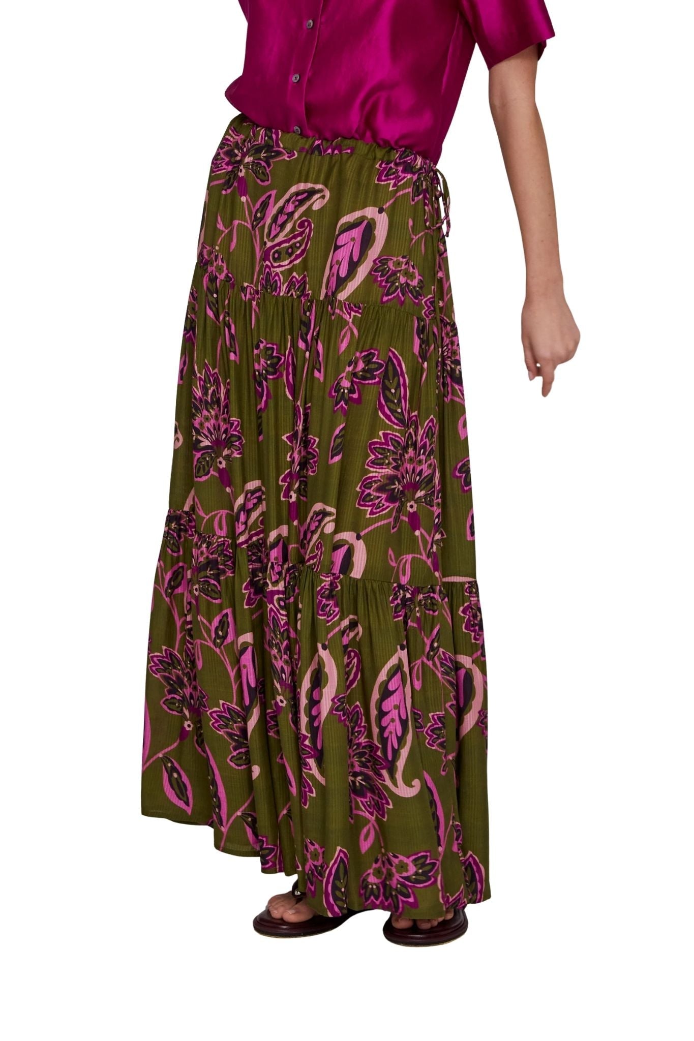 Megan Park Lyla Sateen Stripe Tiered Skirt - Vermillion