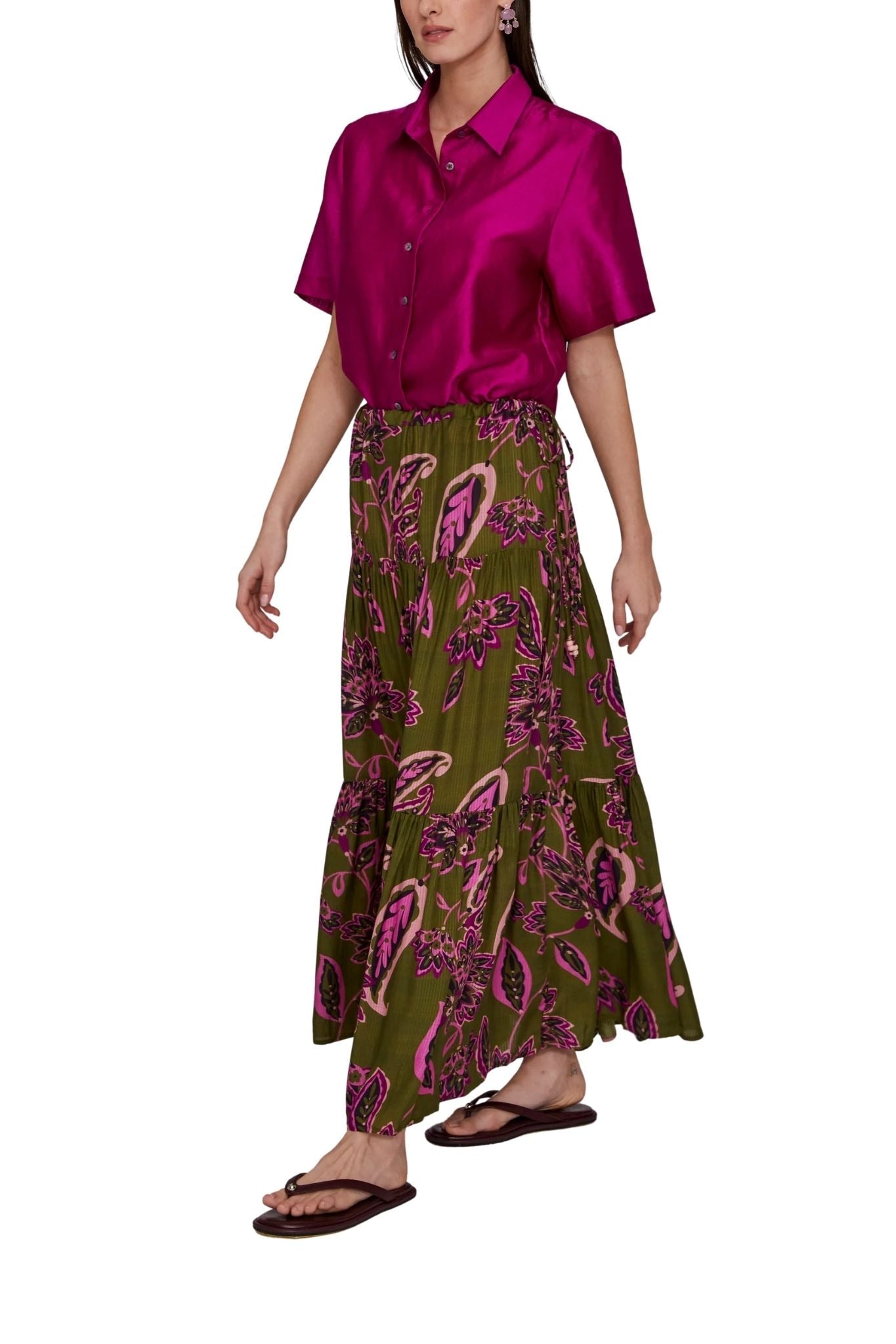 Megan Park Lyla Sateen Stripe Tiered Skirt - Vermillion