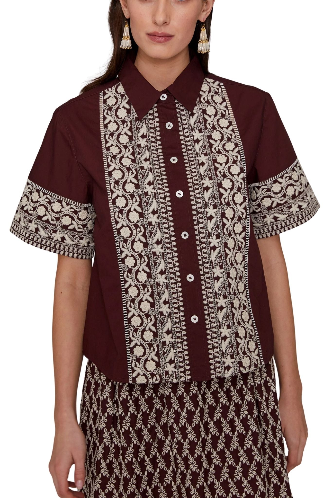 Megan Park Rhea Embroidered Poplin Shirt - Vermillion