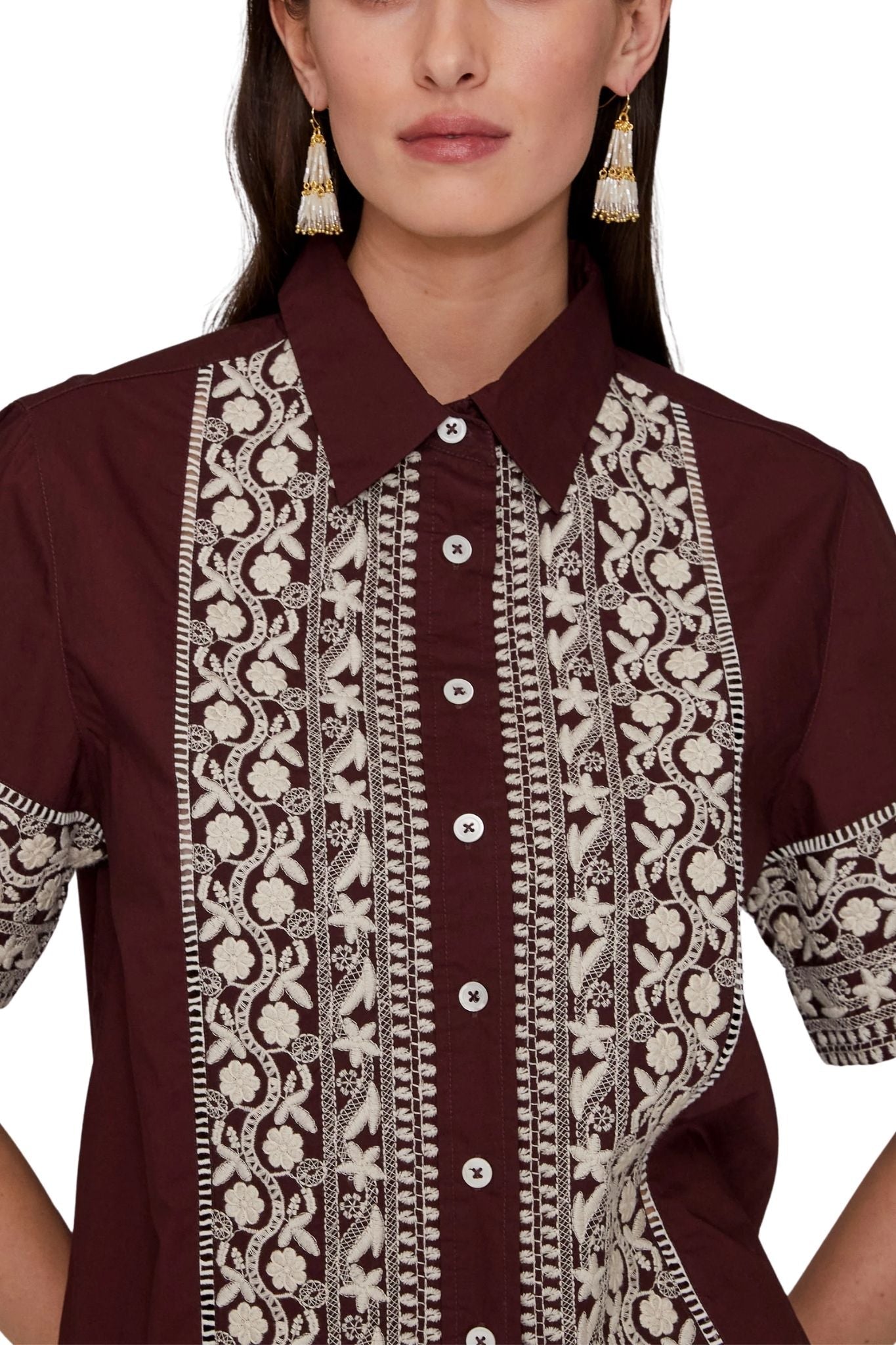 Megan Park Rhea Embroidered Poplin Shirt - Vermillion