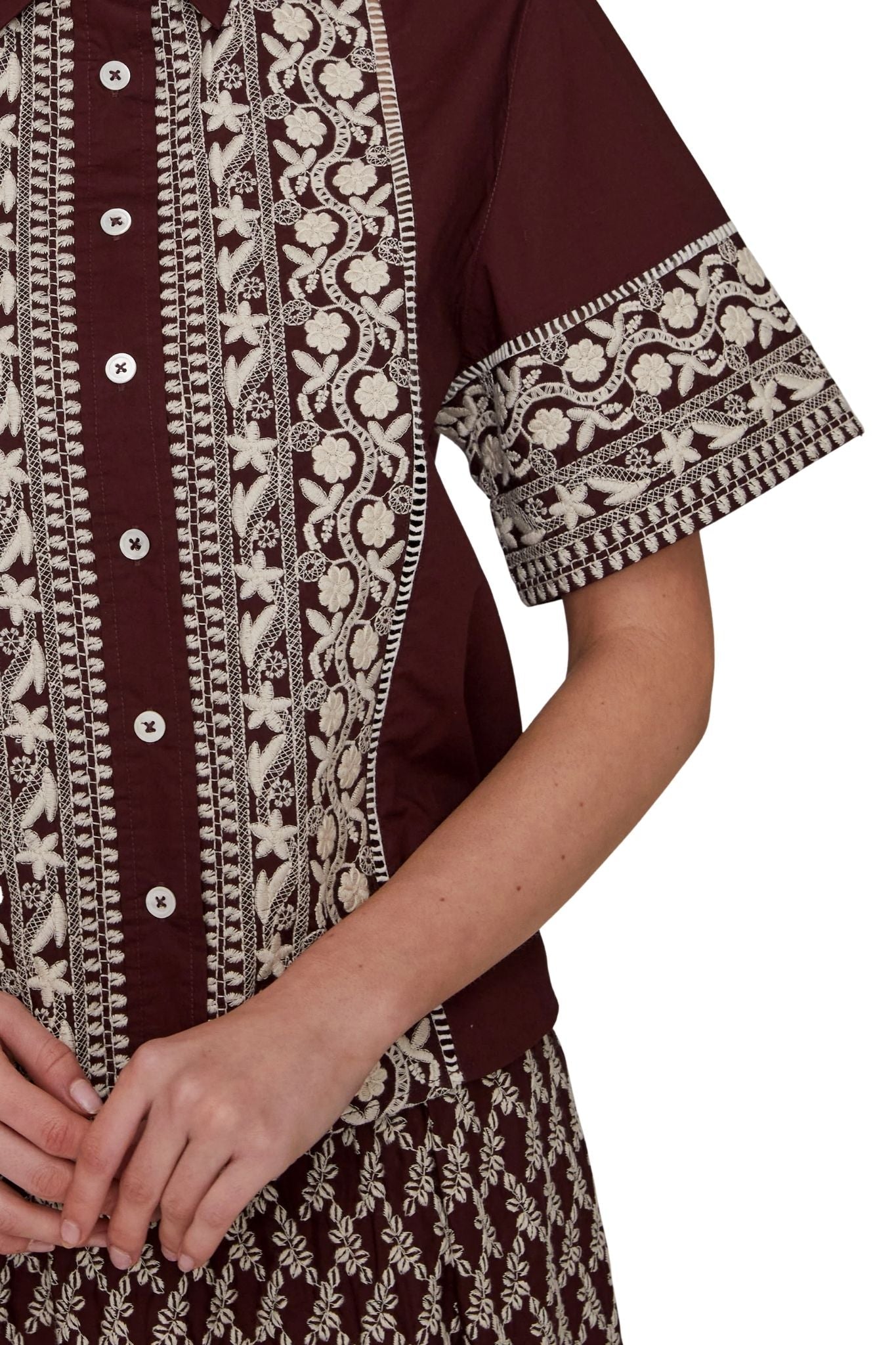 Megan Park Rhea Embroidered Poplin Shirt - Vermillion