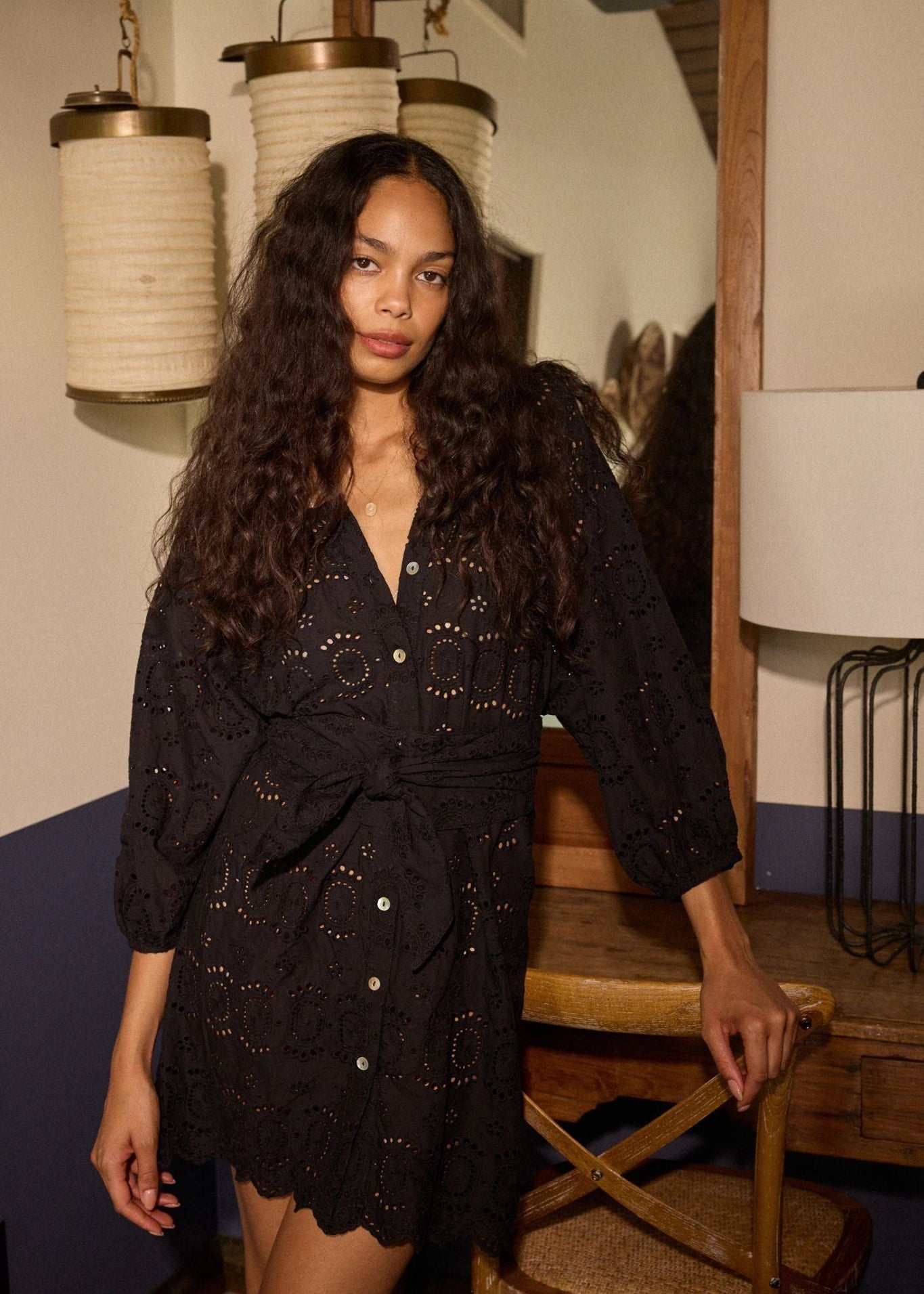 Natalie Martin Alex Short Dress With Sash Belt Medallion Embroidery Black / M Natalie Martin Alex Short Dress With Sash Belt Medallion Embroidery Black / M