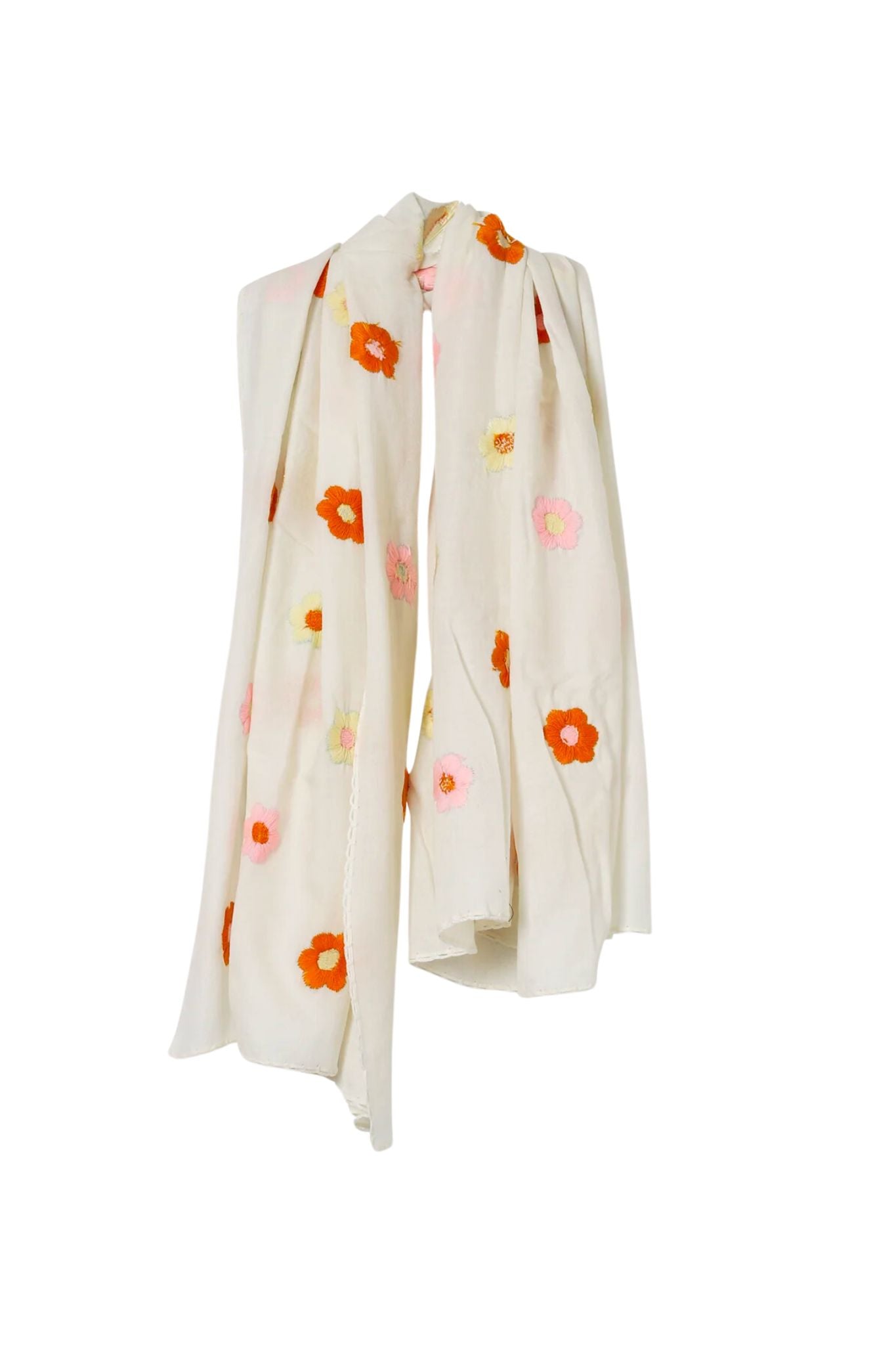 Odeeh Hand Embroidered Daisies Scarf - Vermillion